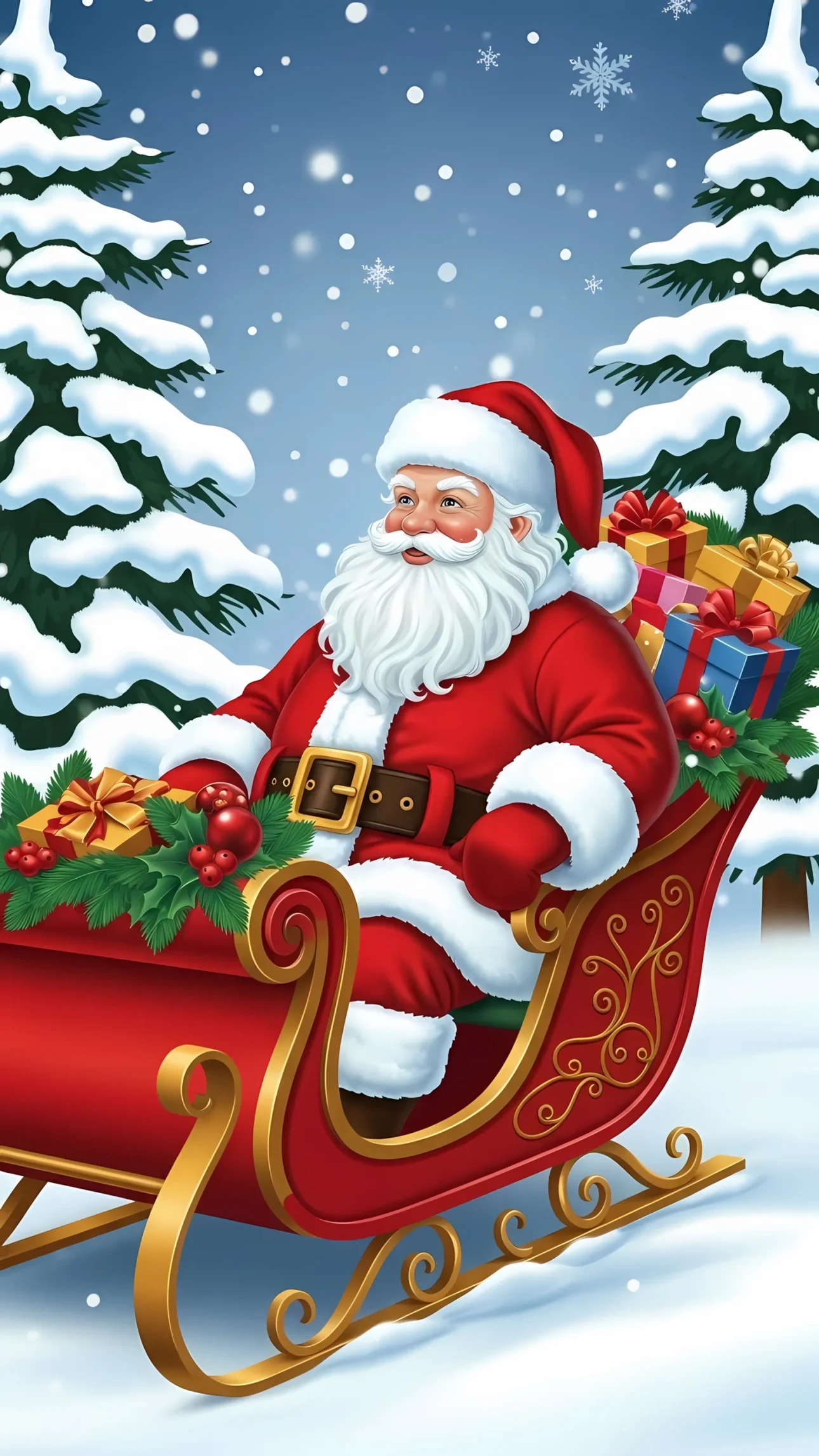 Elevate your holiday projects with this charming Santa illustration featuring a fully-loaded sleigh. Perfect for festive promotions and heartwarming greeting cards.