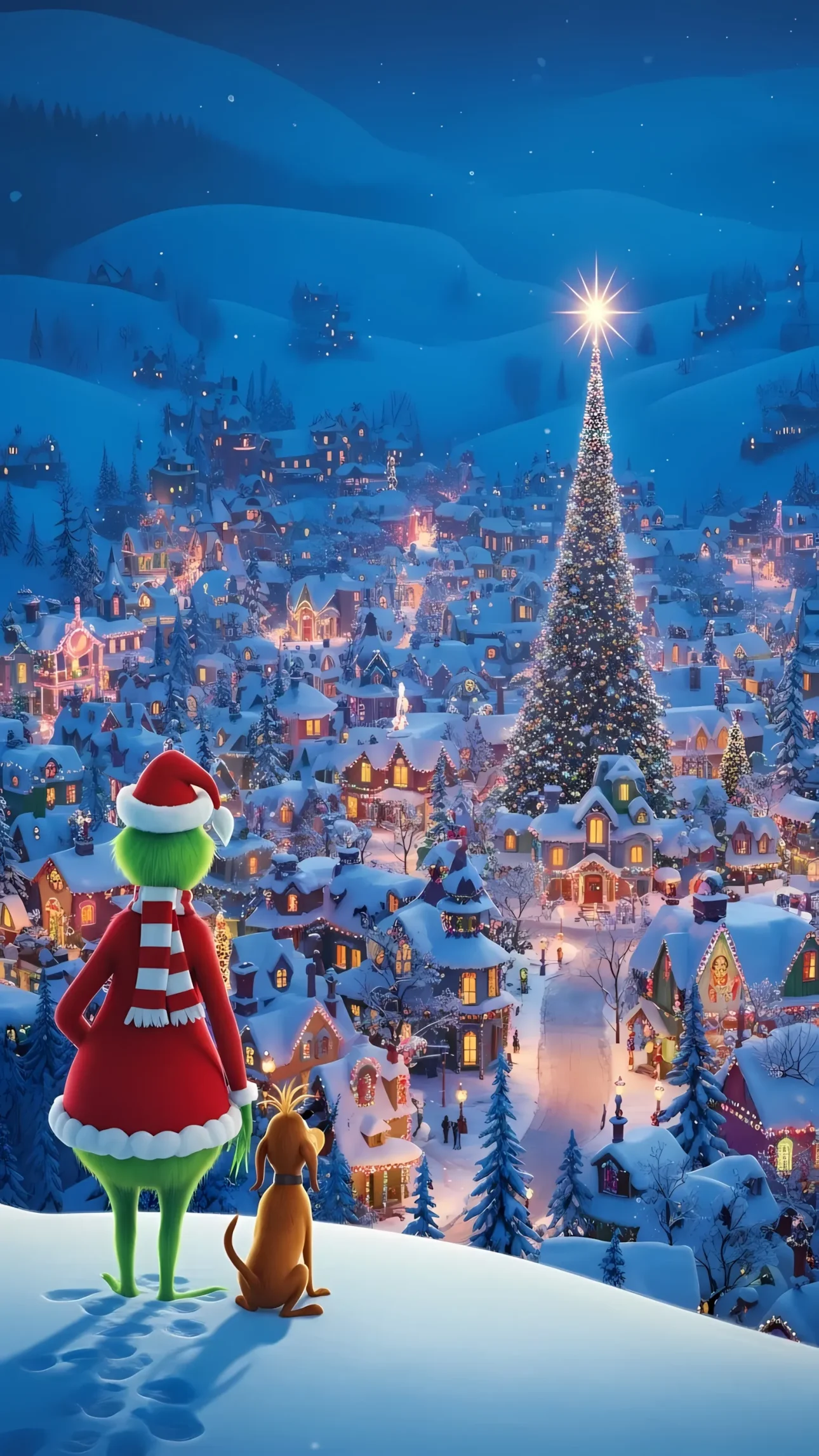 Elevate your festive designs with this delightful Grinch-themed illustration showcasing a charming snow-covered town. Perfect for holiday cards or seasonal promotions.