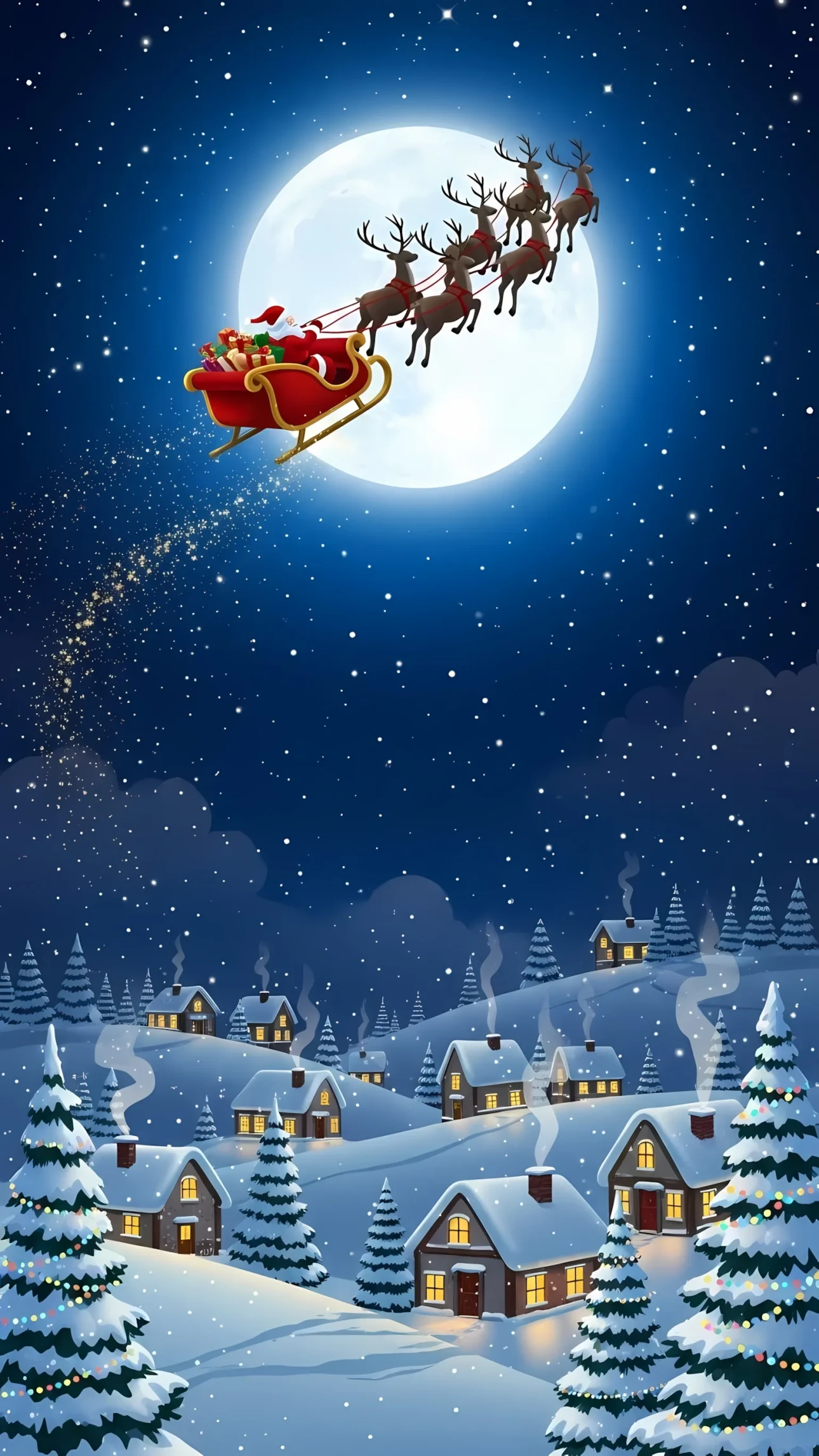 Enhance your festive designs with this charming Santa illustration featuring reindeer and a snow-covered village. Perfect for holiday cards and winter promotions.