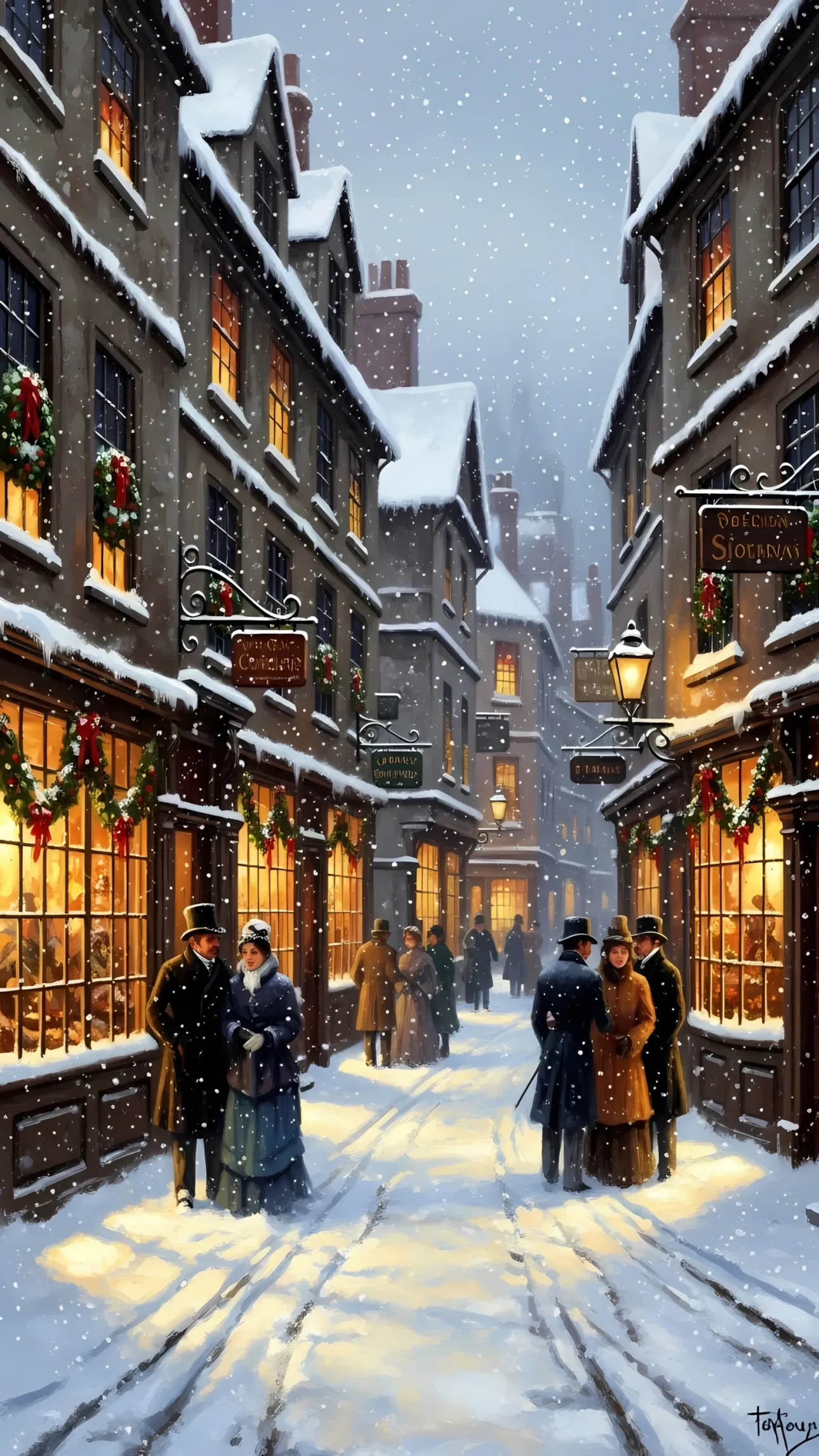 Evoke nostalgic warmth with this vintage winter street scene illustration. Perfect for holiday cards, website headers, and seasonal marketing campaigns, ready for use.