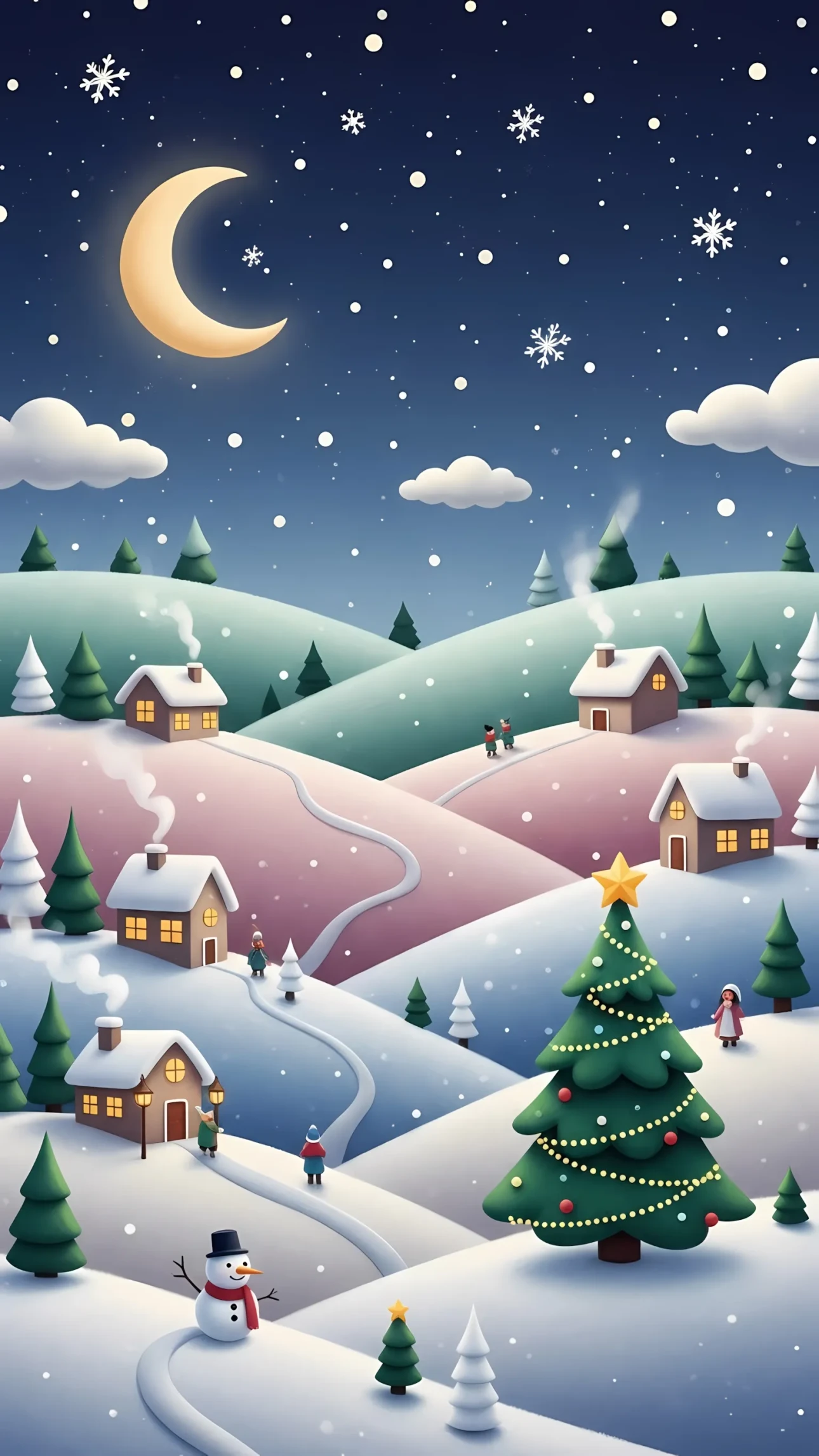 Enhance your holiday designs with this charming winter village illustration, styled with a cute Christmas tree. Ideal for festive digital projects and seasonal marketing.