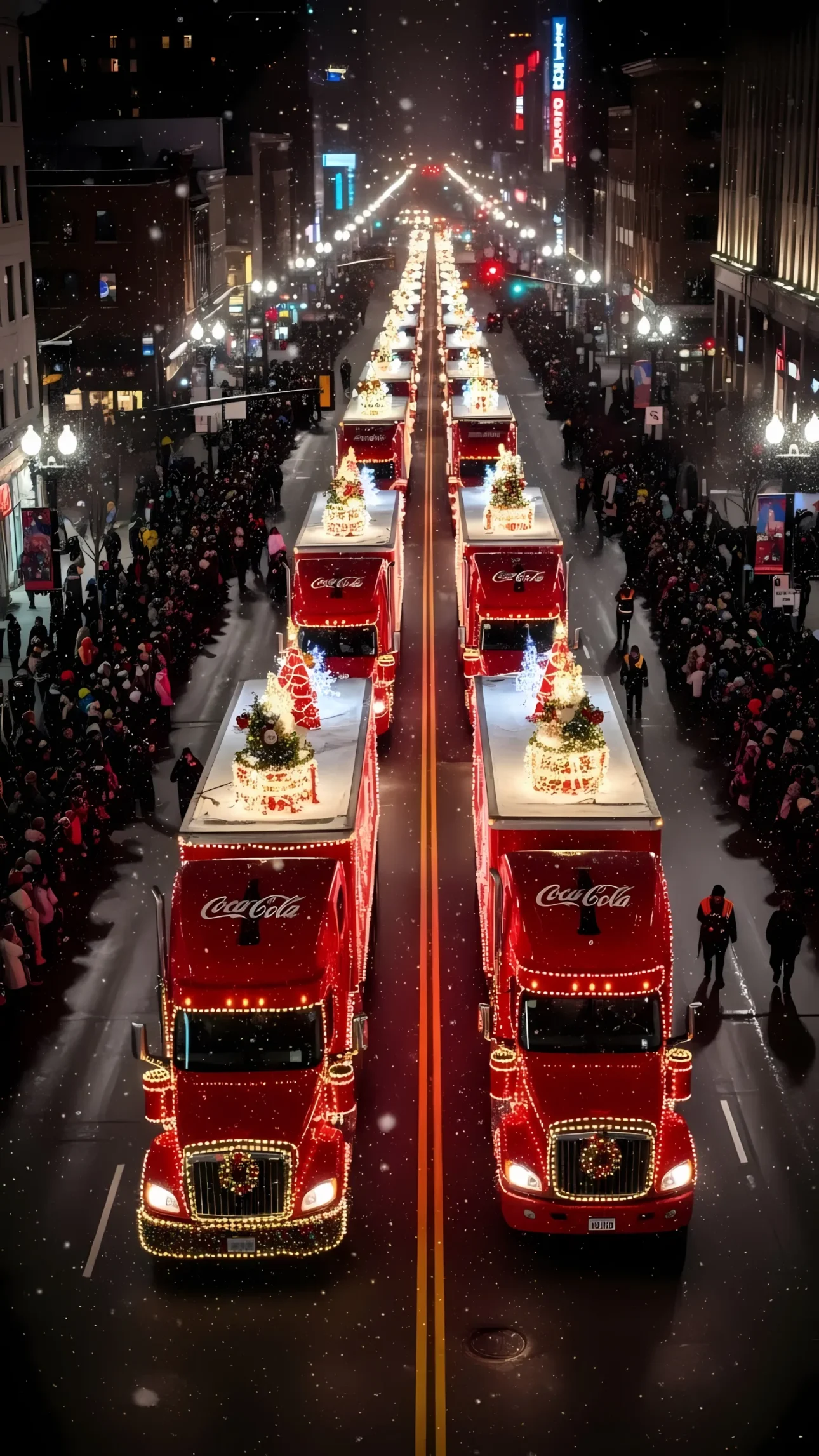 Witness the magic of Christmas with this festive parade of Coca-Cola trucks. Ideal for holiday-themed campaigns and heartwarming seasonal content, ready for commercial projects.