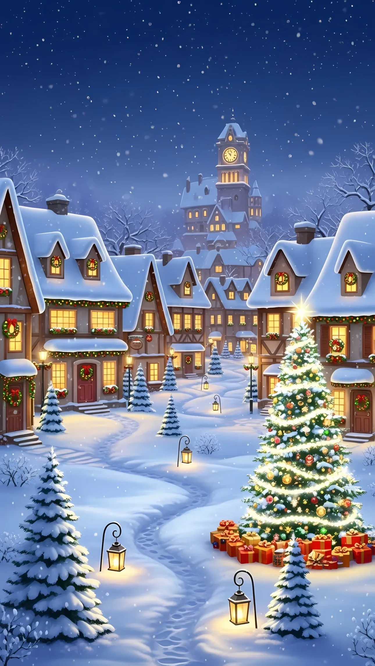 Enhance your holiday designs with this picturesque Christmas village illustration featuring a festive Christmas tree. Perfect for heartwarming seasonal campaigns.