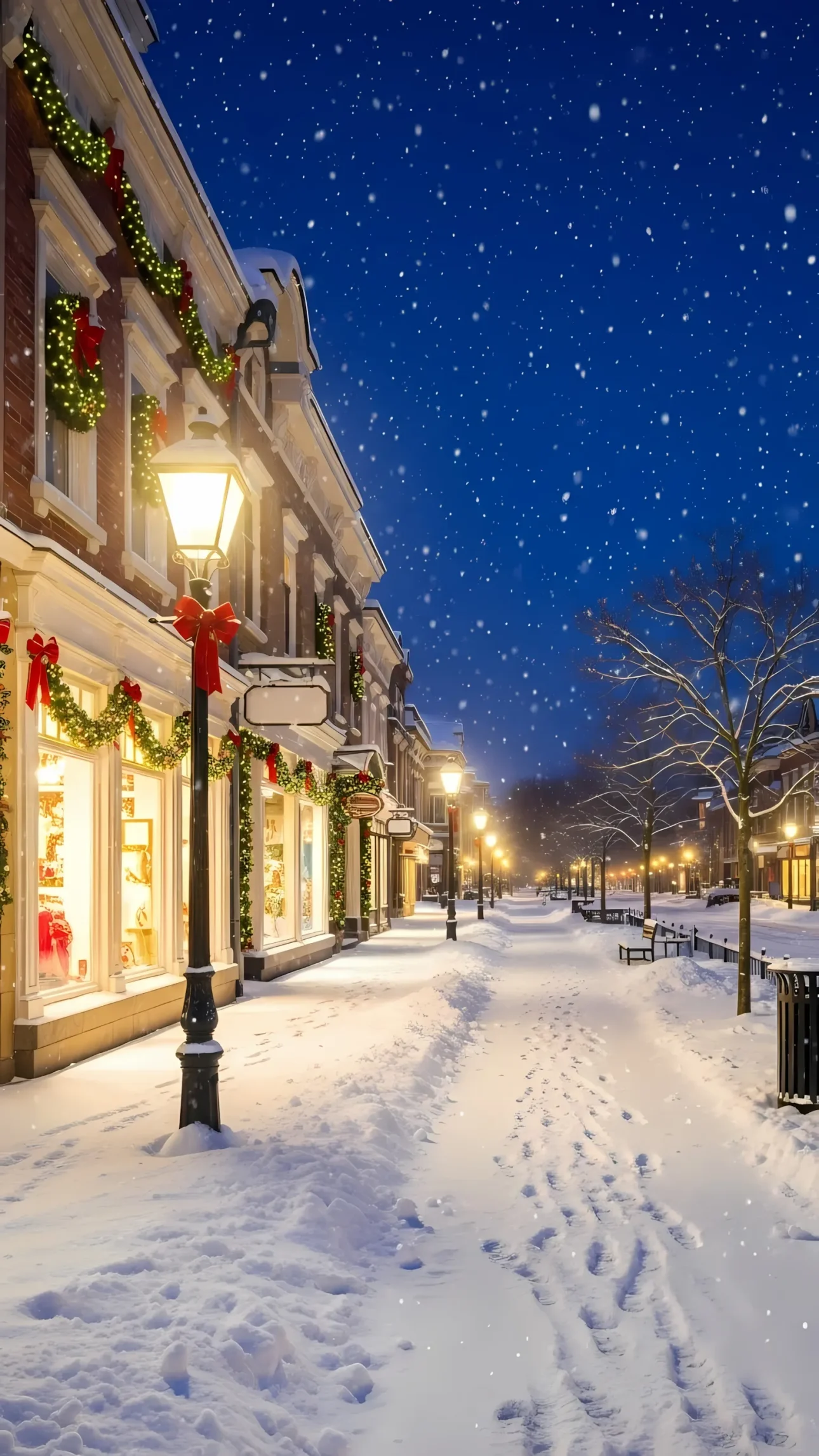 Elevate your project with this charming snowy town street scene featuring holiday decorations and footprints, perfect for adding a touch of winter magic.