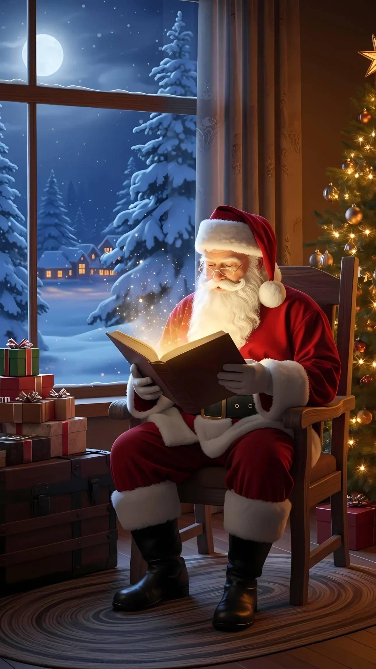 Elevate your designs with this enchanting image of Santa reading a magical book, perfect for Christmas promotions and heartwarming projects. Ready for commercial licensing.