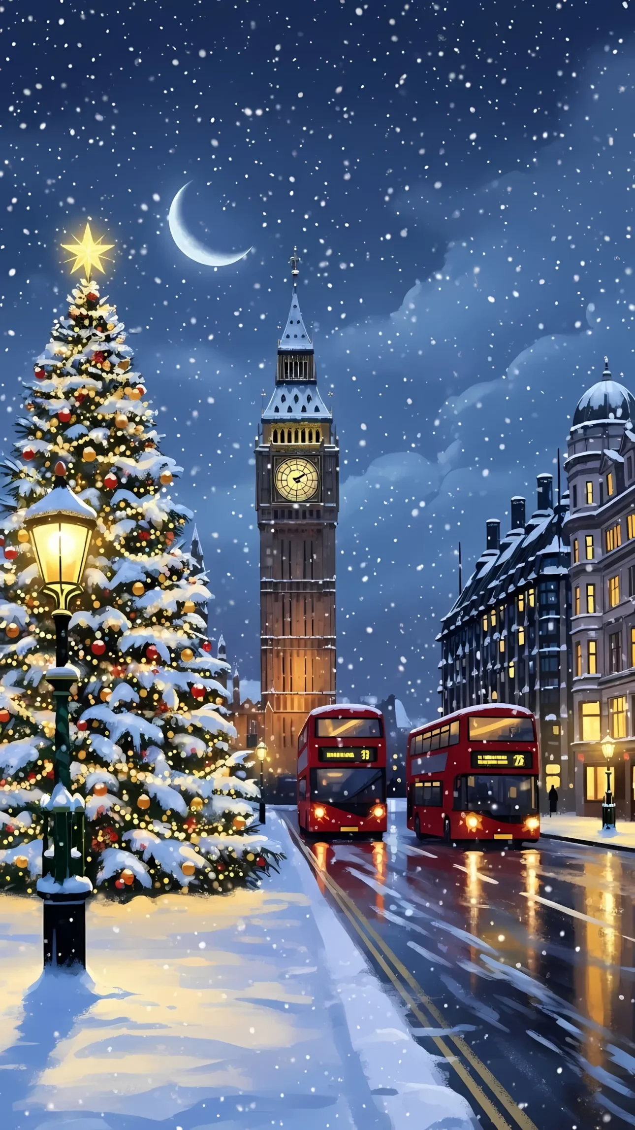 Capture the magic of a London Christmas with this illustration of iconic red buses and Big Ben. Perfect for holiday campaigns and seasonal designs.