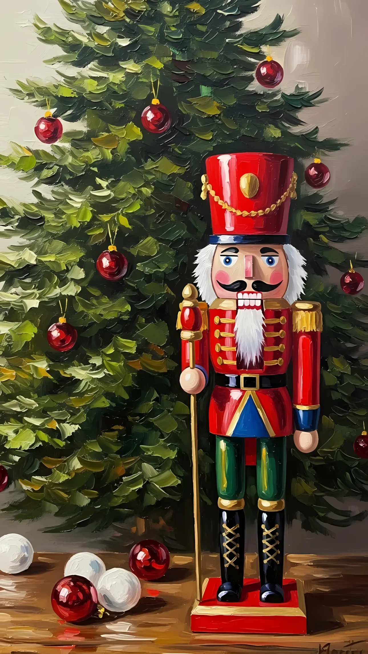 Enhance your festive designs with this detailed nutcracker illustration, styled as an oil painting. Perfect for adding a classic holiday touch to your projects.