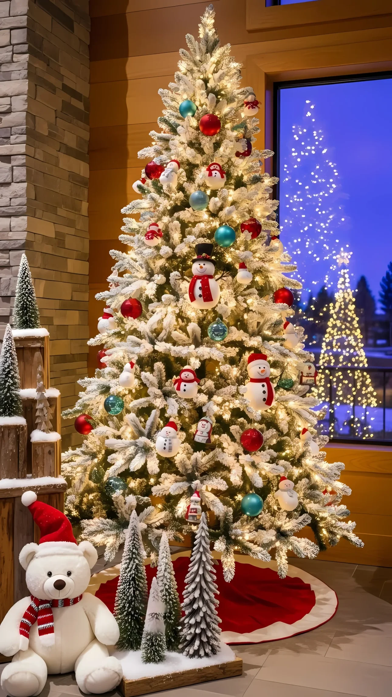 Elevate your holiday designs with this charming Christmas tree scene, featuring a cute teddy bear. Perfect for cozy winter campaigns, ready for instant commercial use.