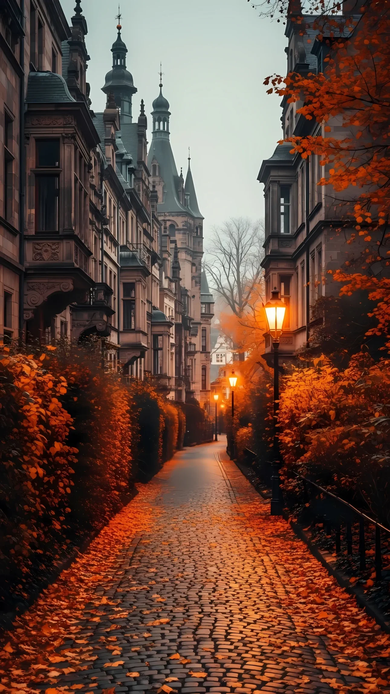 Elevate your designs with this picturesque autumn street. Depicts elegant architecture in warm evening light, perfect for atmospheric and sophisticated projects.
