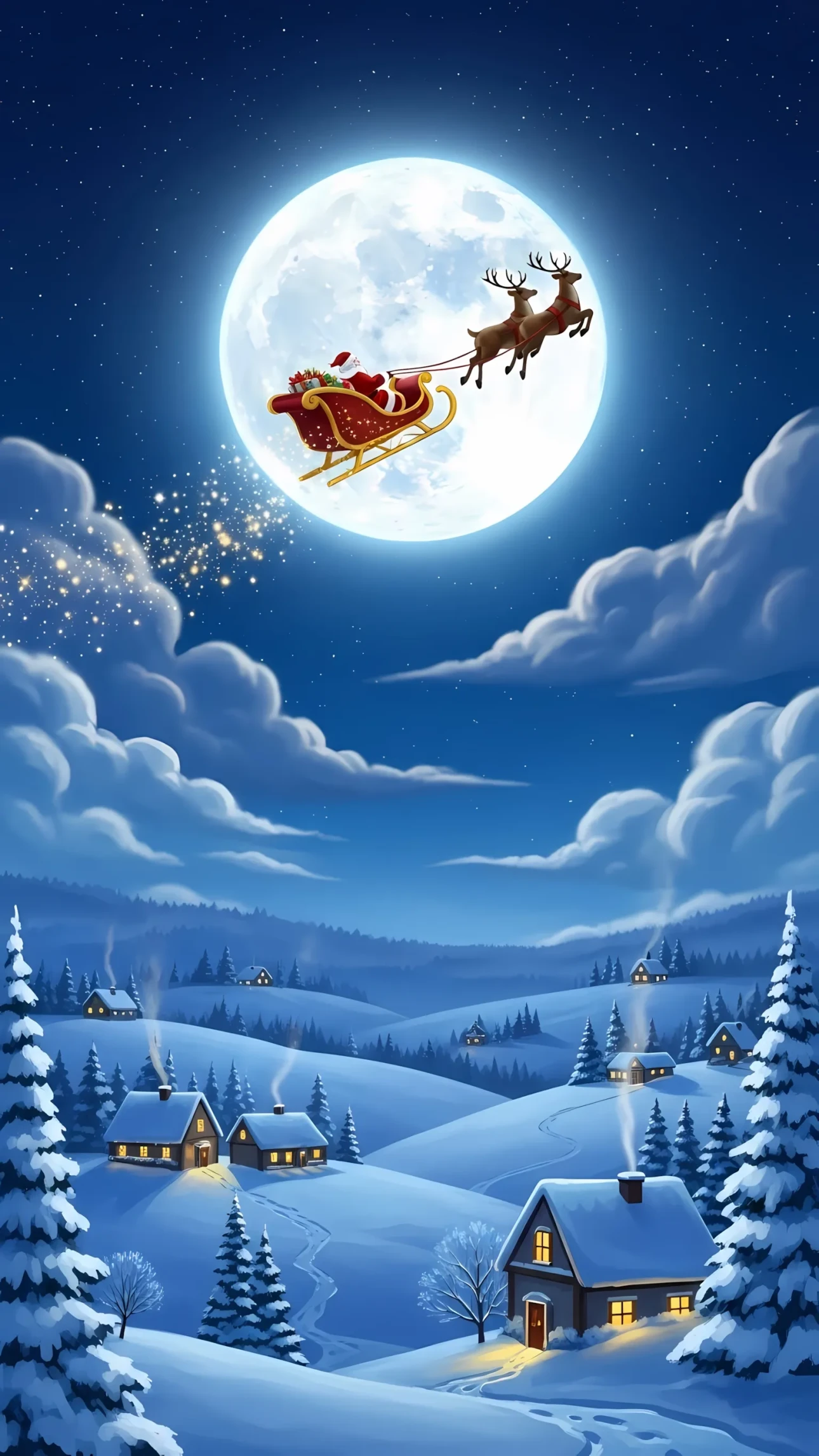 Enhance your festive designs with this charming Santa illustration featuring reindeer and a moonlit village. Premium design asset, ready for holiday campaigns.