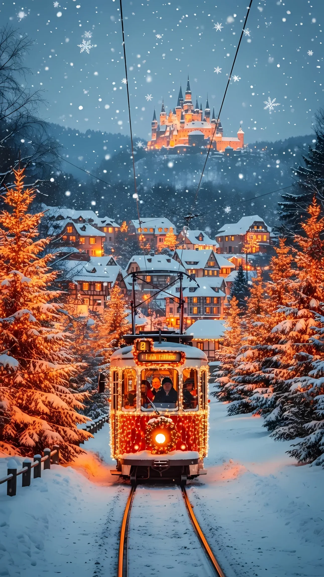 Evoke holiday magic with this charming winter trolley scene featuring a snow-covered village and castle. Perfect for seasonal campaigns, offering whimsical enchantment.
