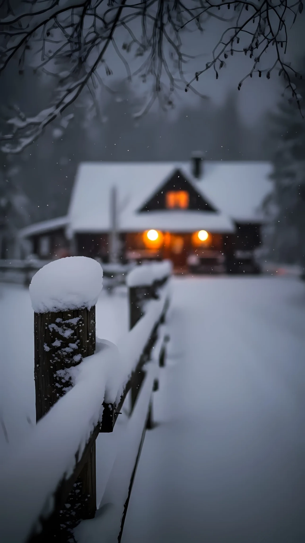 Capture the serene mood with this snowy cabin scene. Features a cozy cabin in the distance and a winter-covered fence in the foreground. Ready for elegant winter promotions.