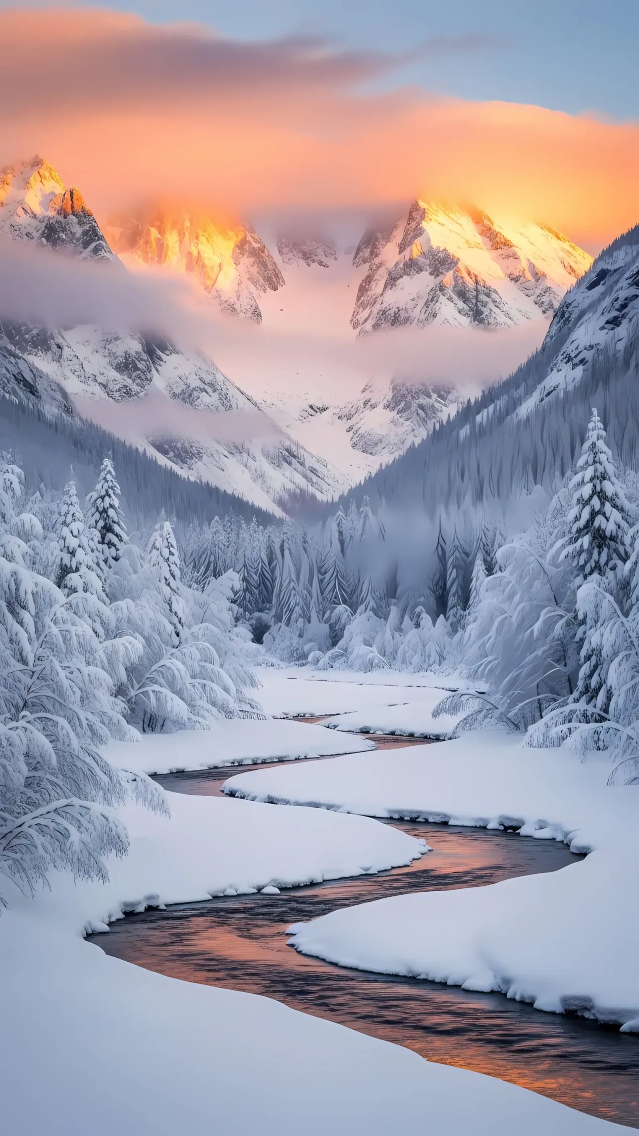 Elevate your winter designs with this snowy river valley scene, featuring majestic mountains and a peaceful forest. Perfect for nature-themed campaigns.