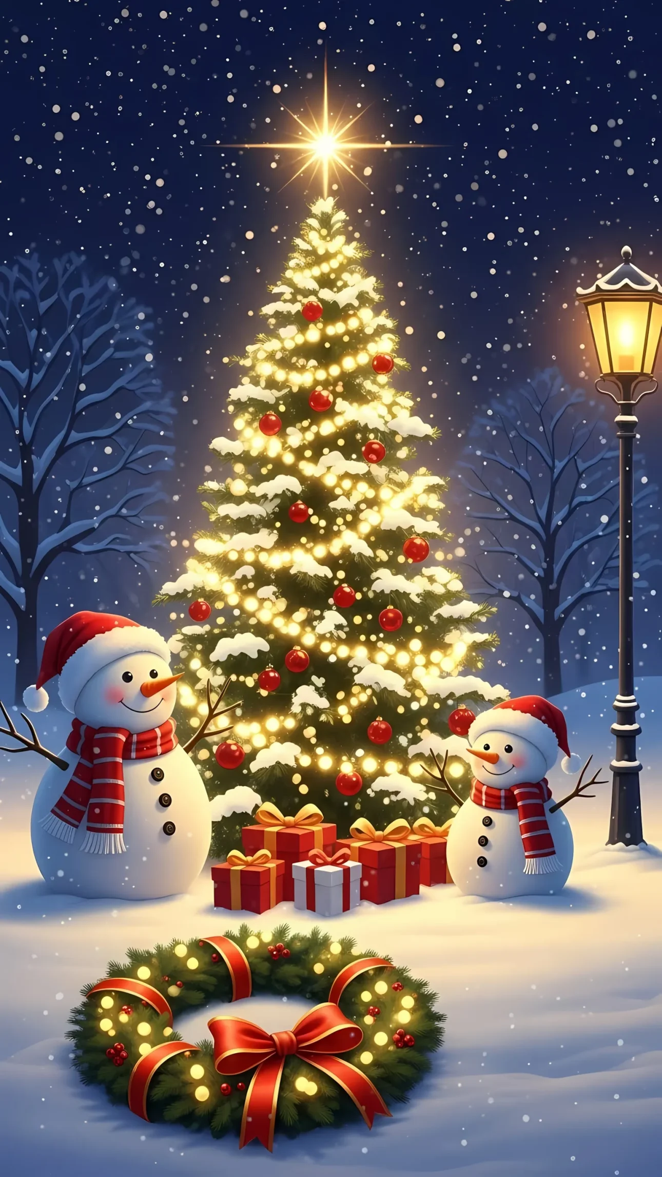 Elevate your designs with this charming Christmas scene featuring snowmen, a lit tree, and falling snow. Perfect for winter holiday projects and greeting cards.