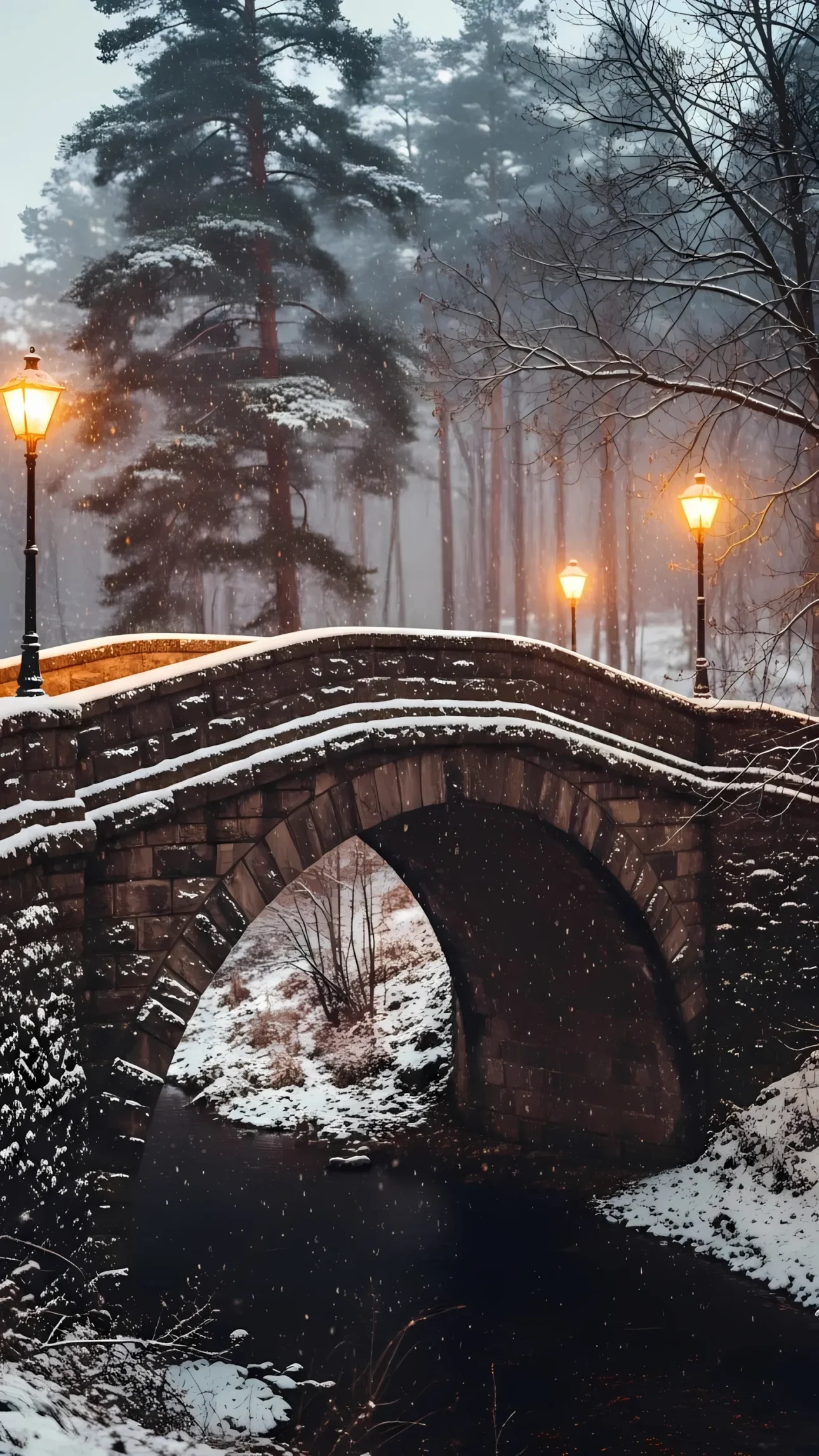 Elevate your designs with this scenic snow-covered bridge featuring vintage lanterns. Perfect for holiday promotions or peaceful nature themes.