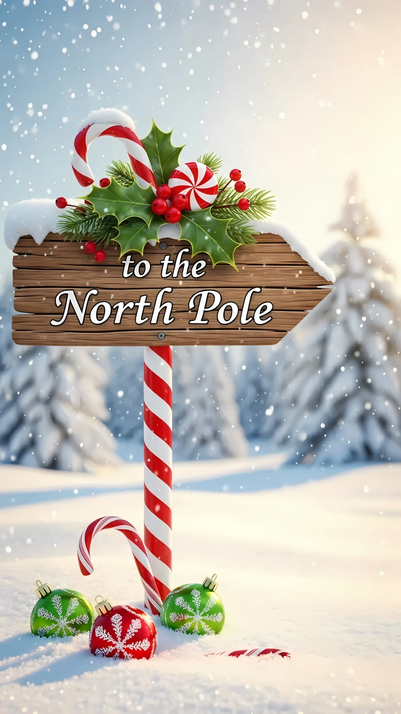 Elevate your holiday designs with this charming North Pole sign illustration featuring festive candy canes and ornaments in a snowy wonderland. Perfect for seasonal marketing materials.