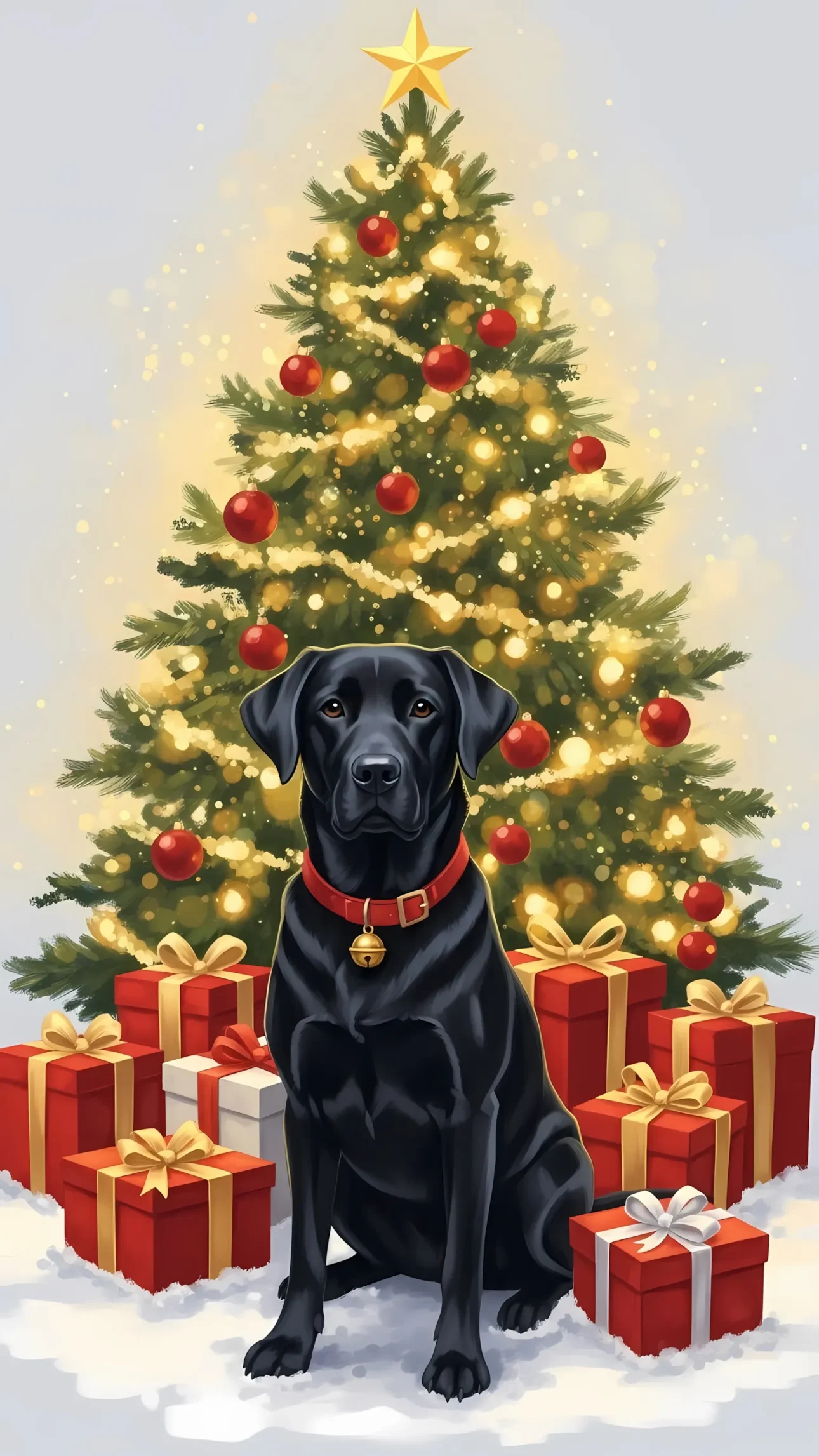 Elevate your holiday designs with this charming Black Labrador illustration featuring Christmas presents and a festive tree. Perfect for seasonal campaigns.