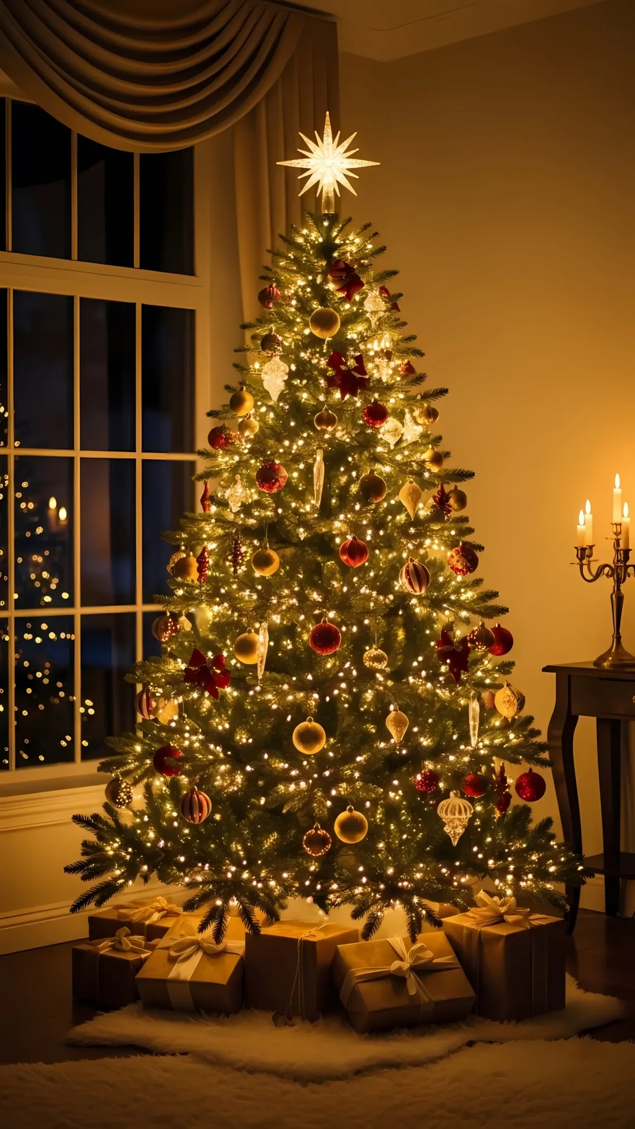 Evoke holiday cheer with this scene of a Christmas tree adorned with ornaments, ready for use in seasonal campaigns. Perfect for high-end branding.