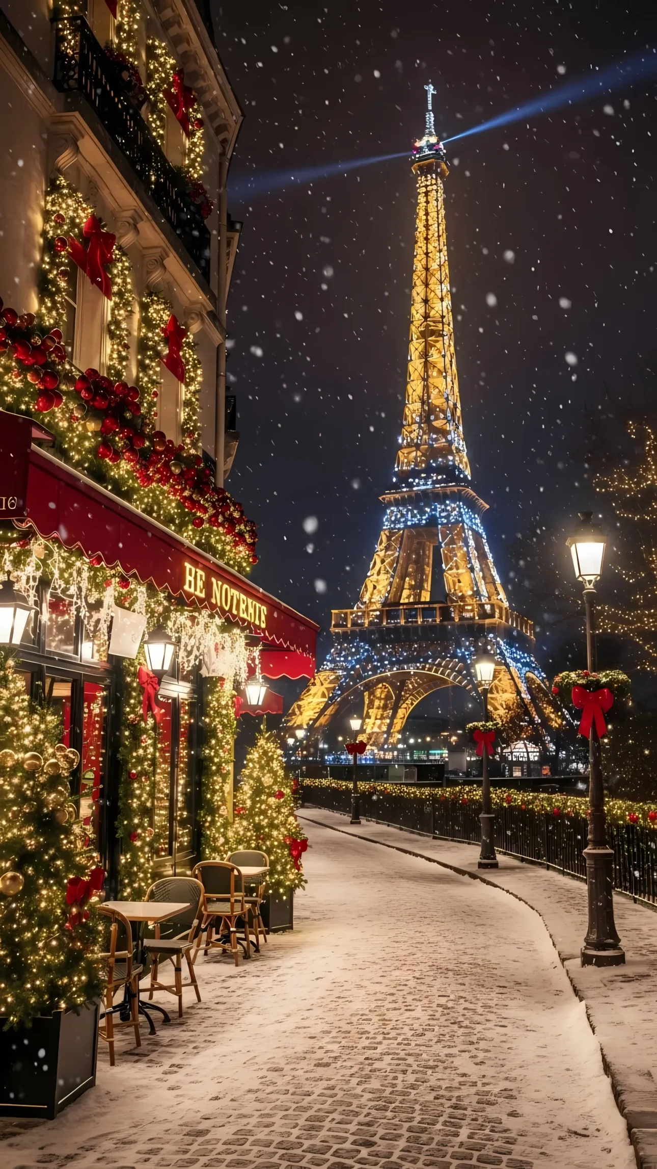 Capture the magical ambiance of Paris in winter. This stunning image showcases the Eiffel Tower beautifully illuminated with festive Christmas lights amidst falling snow. Perfect for holiday promotions.