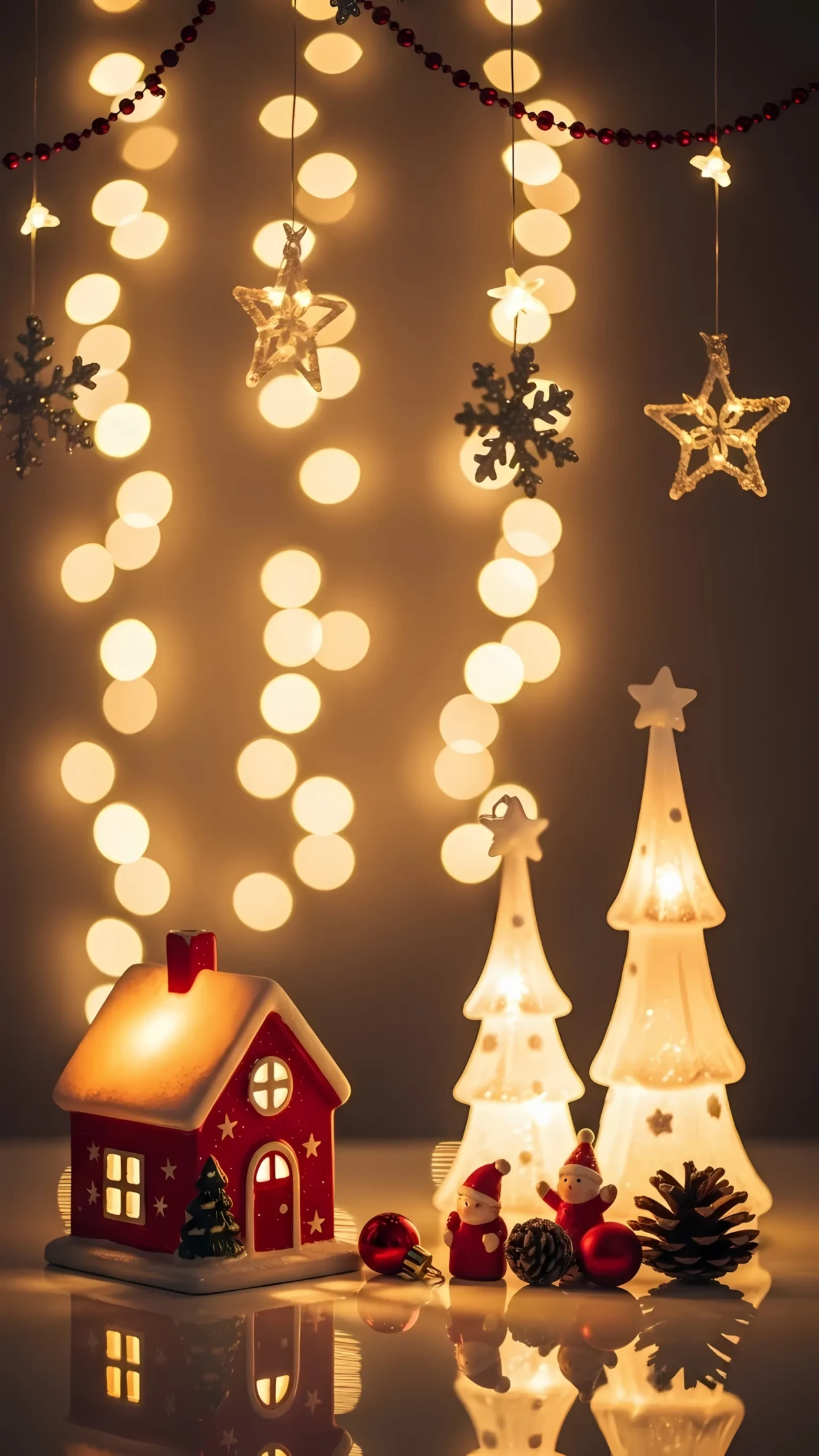 Elevate your holiday designs with this festive still life featuring illuminated decorations, ideal for adding a warm, inviting touch to your projects. Perfect for holiday themes.