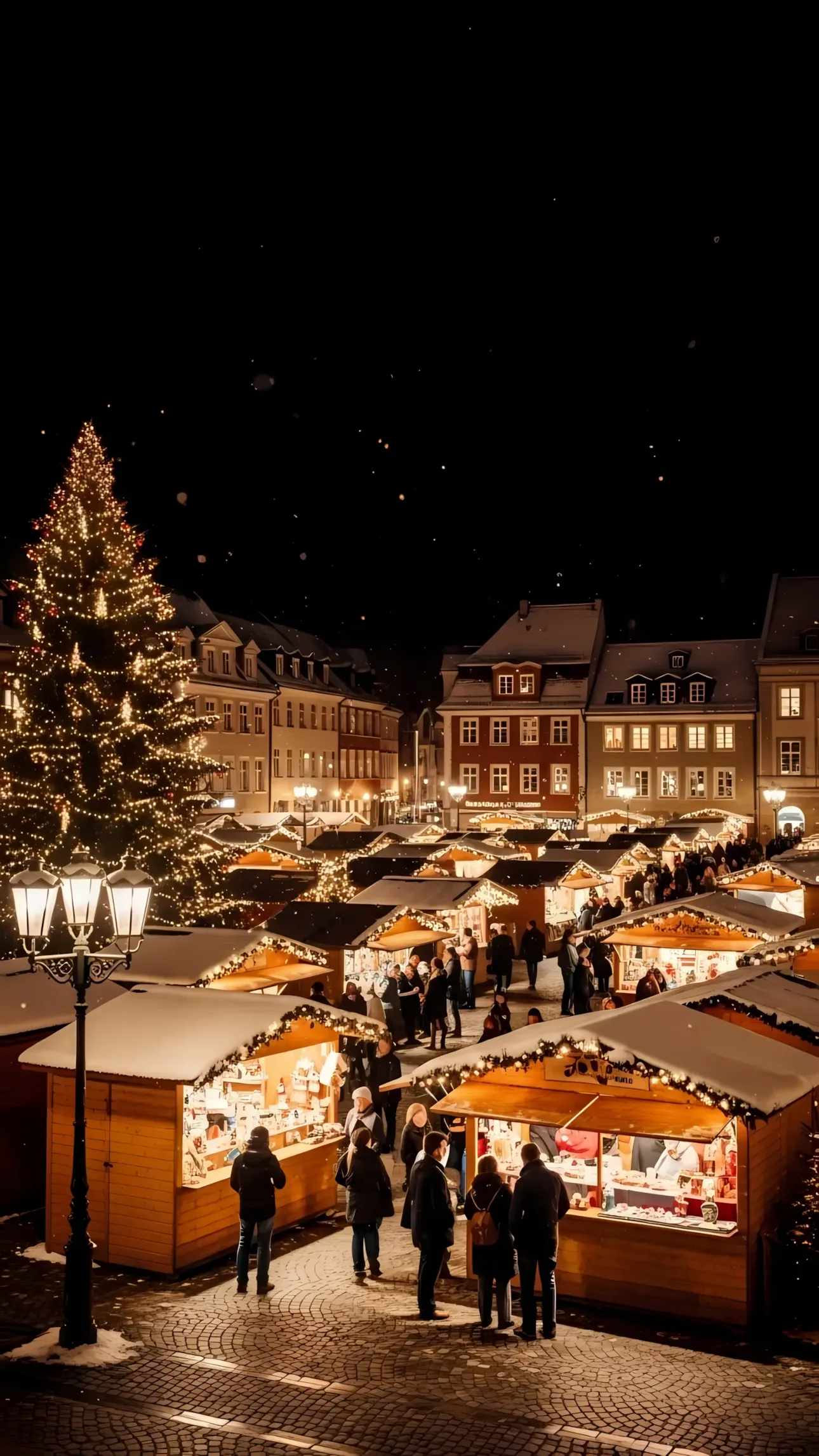 Evoke holiday warmth with this lively Christmas market scene featuring snow-covered stalls and twinkling lights. Ideal for seasonal designs and festive campaigns.