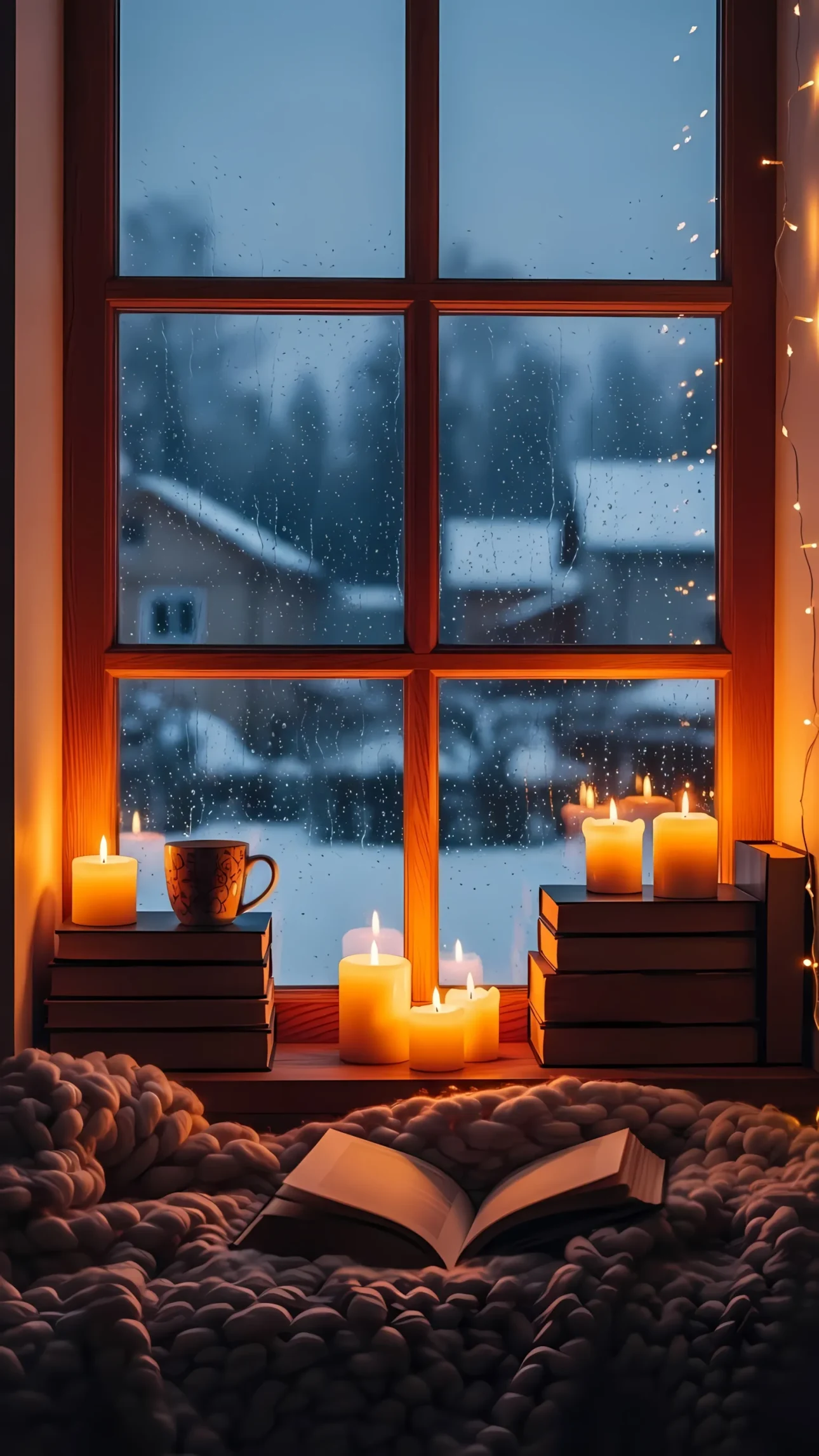 Elevate your designs with this image of a snug window featuring a book and candles, perfect for creating a comforting, homey aesthetic. Ready for commercial use.