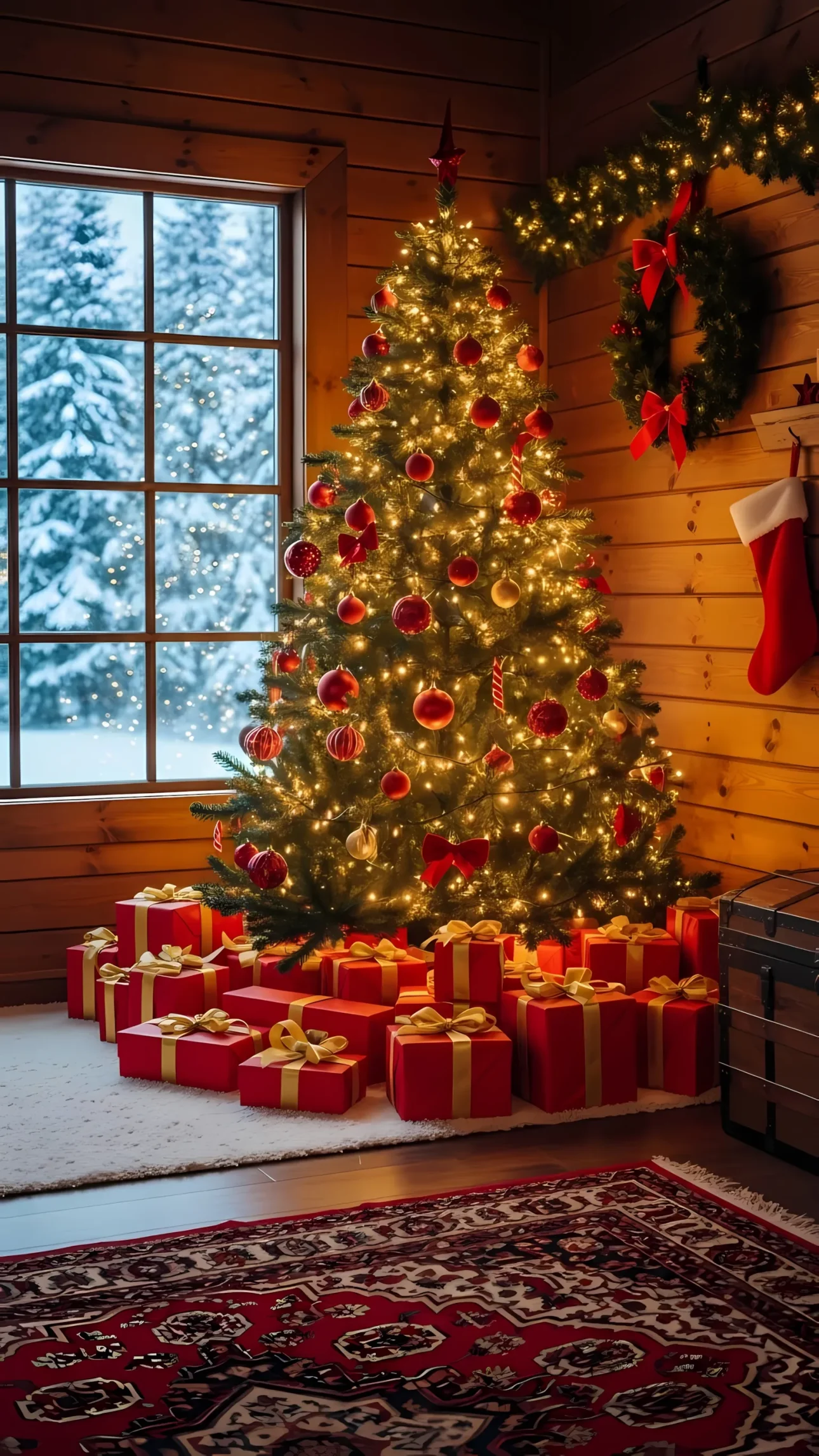 Create a warm holiday atmosphere with this Christmas scene featuring a beautifully decorated tree and gifts. Perfect for seasonal greetings and festive designs.