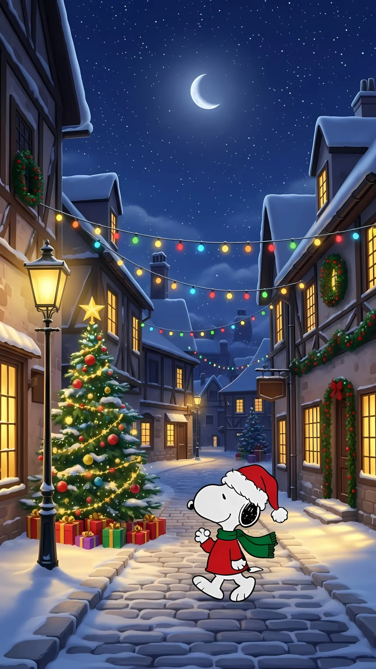 Elevate your holiday projects with this charming scene of Snoopy strolling through a snow-covered Christmas village, perfect for seasonal designs and joyful celebrations.