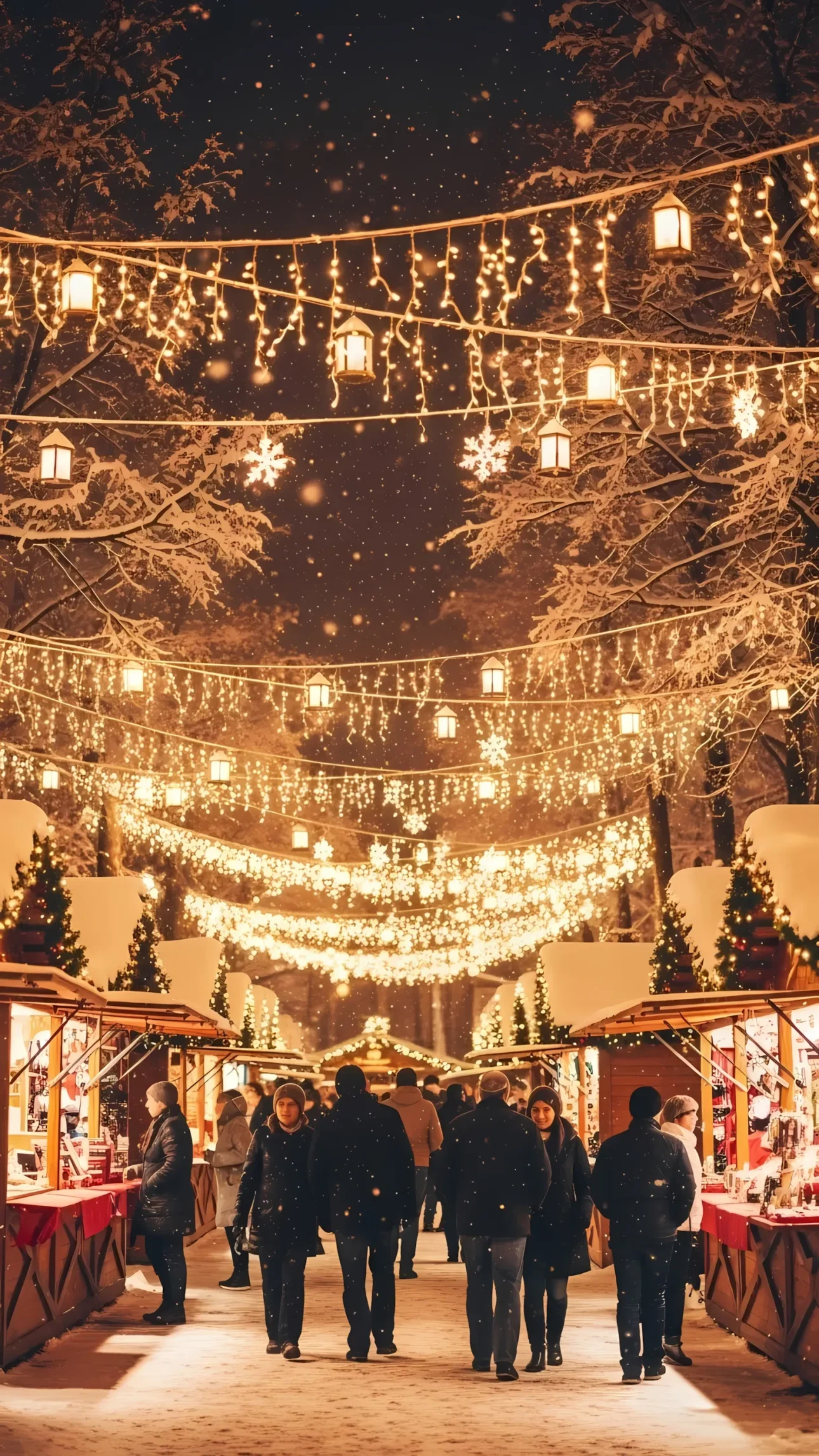 Capture the enchanting glow of a Christmas market with this scalable illustration, perfect for holiday promotions and creating a festive atmosphere.
