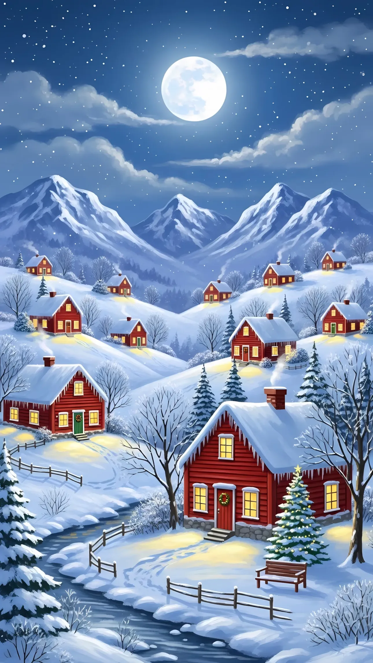 Capture the magic with this snowy village illustration, featuring cozy red houses and a serene moonlit backdrop. Ideal for holiday projects and winter scenes.