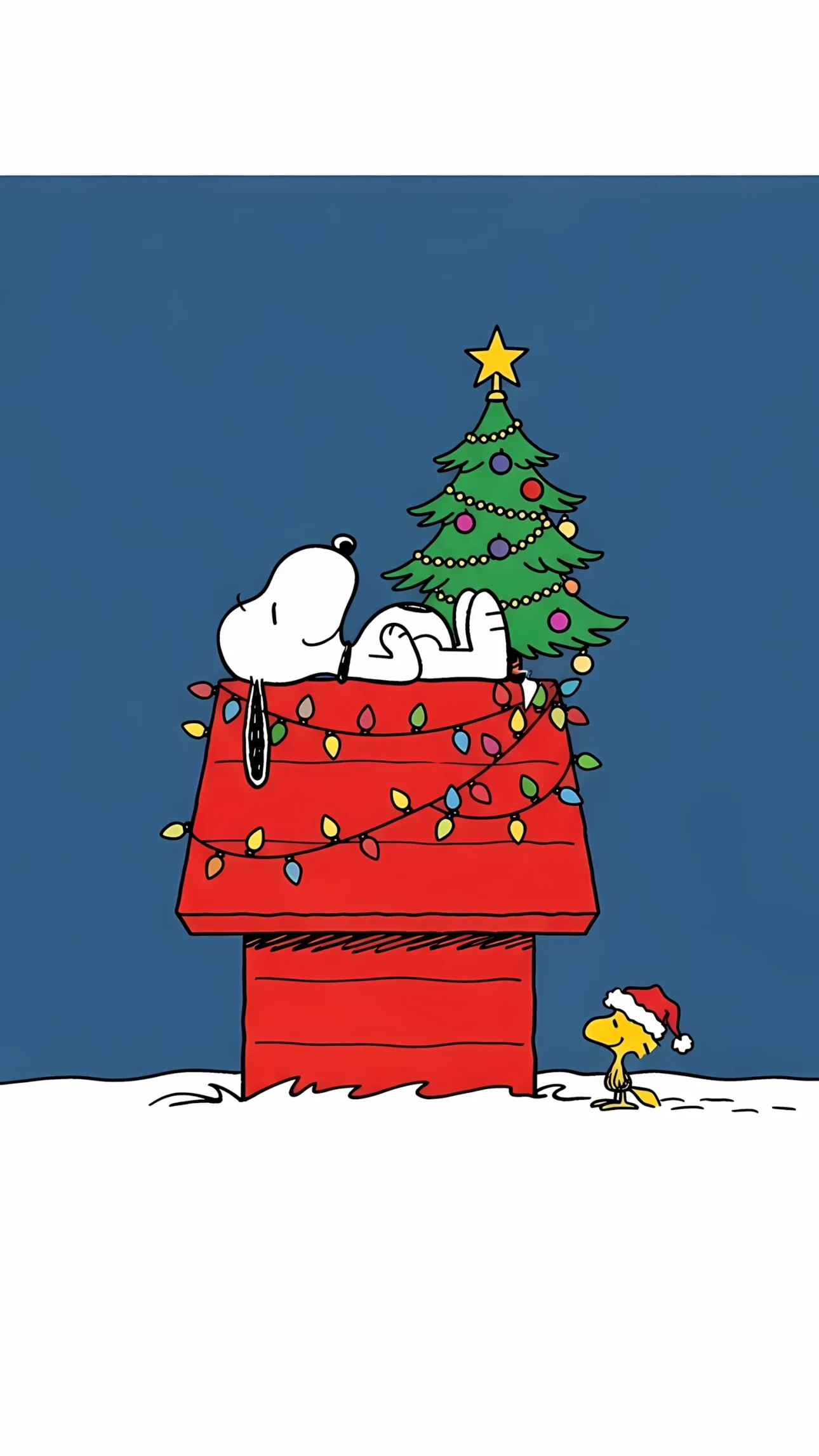 Enhance your holiday project with this Snoopy illustration, featuring festive Christmas decorations and Woodstock. Perfect for seasonal greeting cards and design projects.