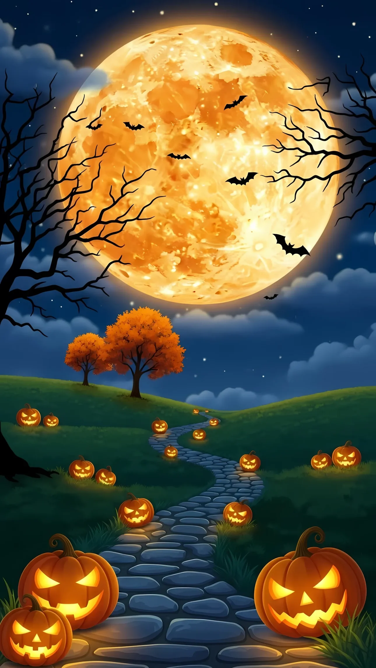 Elevate your Halloween designs with this glowing pumpkin scene under a spooky full moon, a premium digital graphic perfect for festive commercial projects.