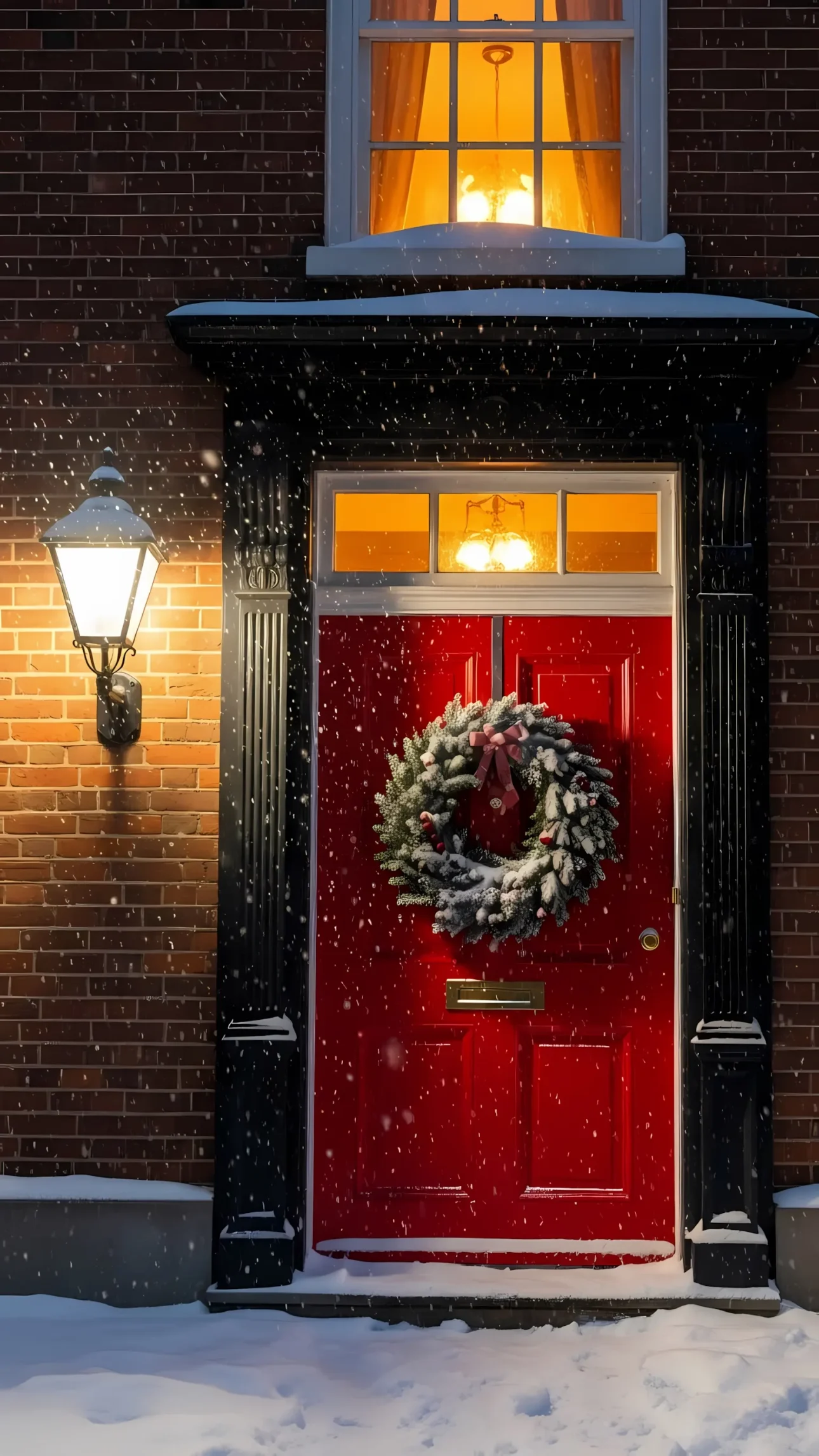 Elevate your holiday designs with this charming image of a red door featuring a festive wreath in a winter snowfall. Perfect for creating heartwarming Christmas visuals.