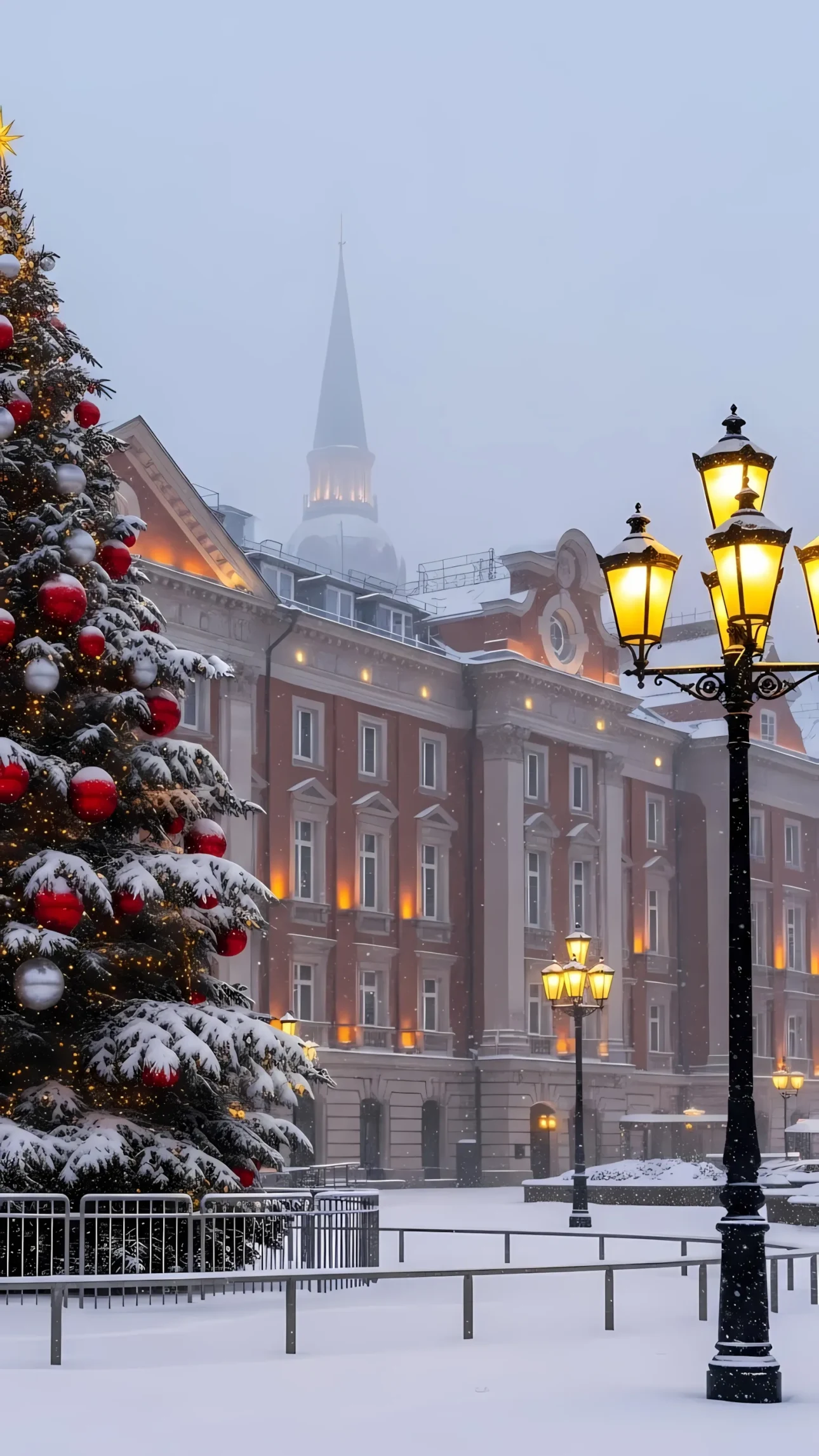 Elevate your holiday projects with this charming scene featuring a snow-covered Christmas tree and classic architecture. Perfect for winter-themed campaigns.