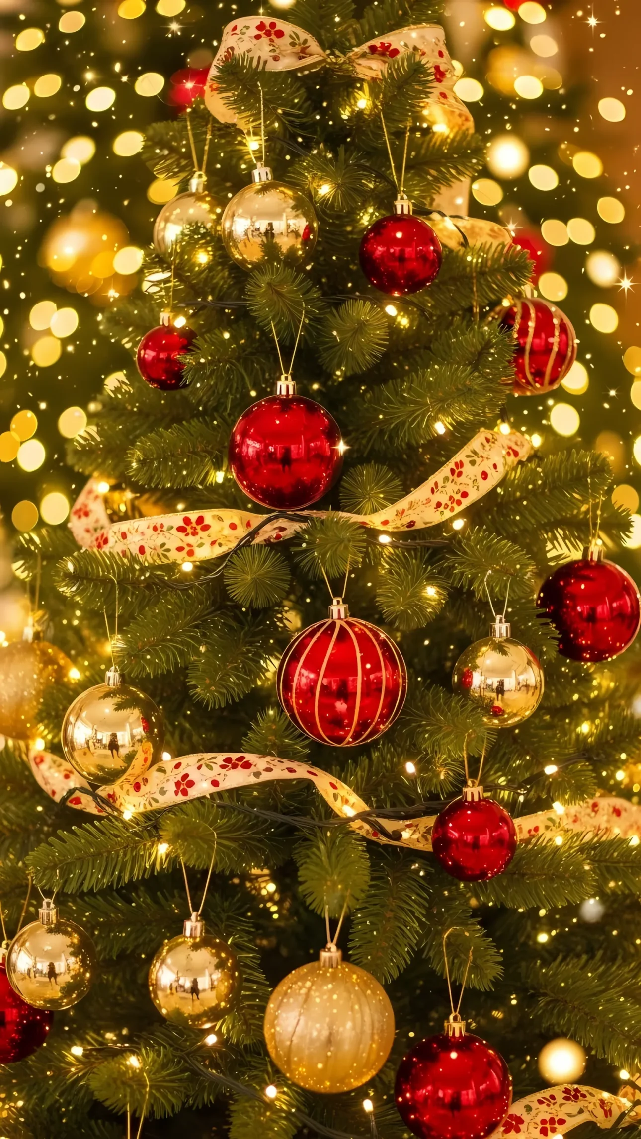 Elevate your holiday projects with this festive Christmas tree image, featuring elegant red and gold ornaments. Perfect for high-resolution seasonal designs.