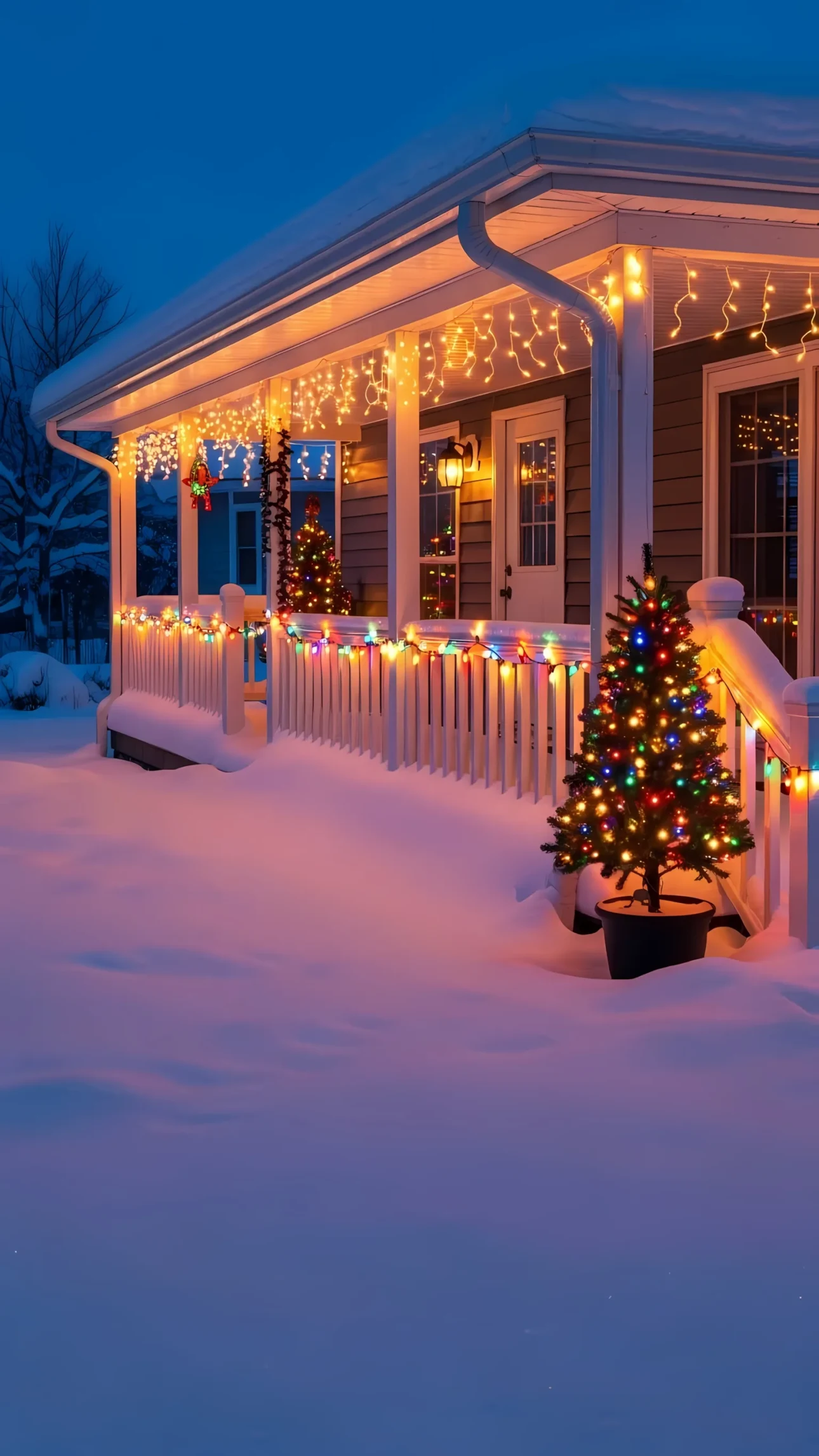 Capture the warm holiday spirit with this charming winter scene featuring a snow-covered house adorned with festive Christmas lights. Ideal for seasonal campaigns.