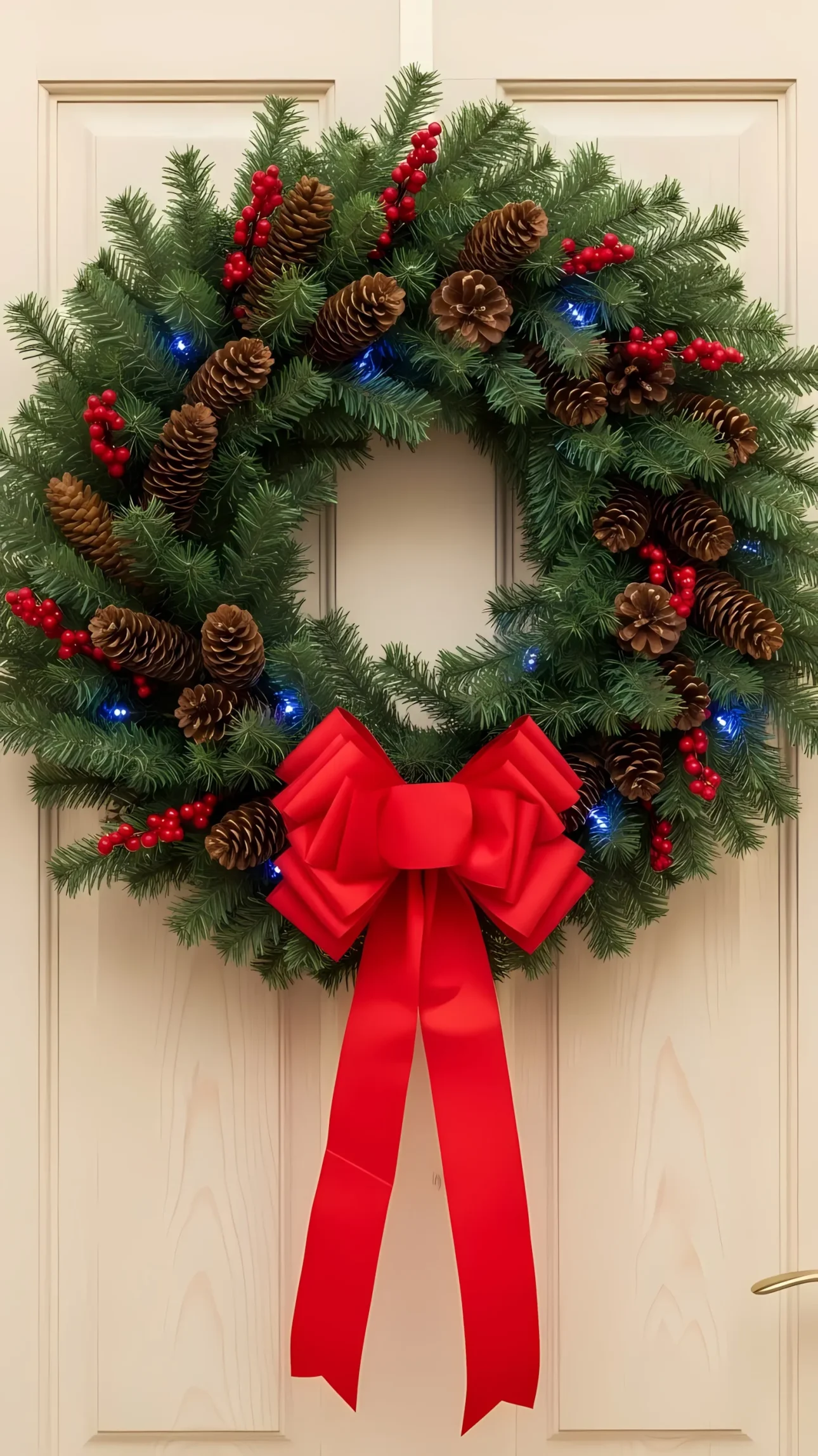 Elevate your holiday designs with this Christmas wreath featuring pinecones and a vibrant red bow. Perfect for festive invitations and greeting cards.