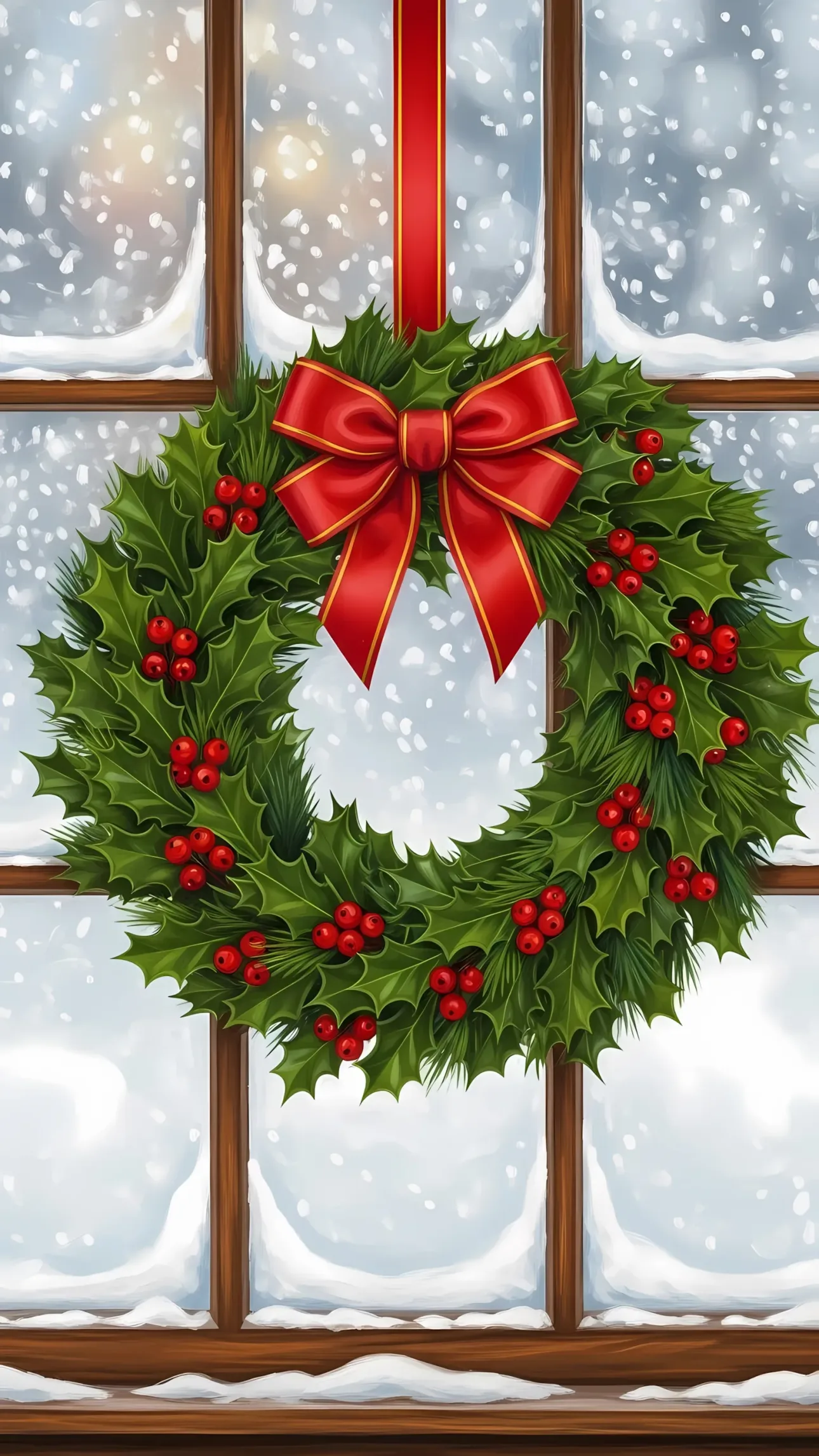 Elevate your holiday designs with this Christmas wreath illustration, featuring festive holly berries and a red bow. Perfect for seasonal promotions and greeting cards.
