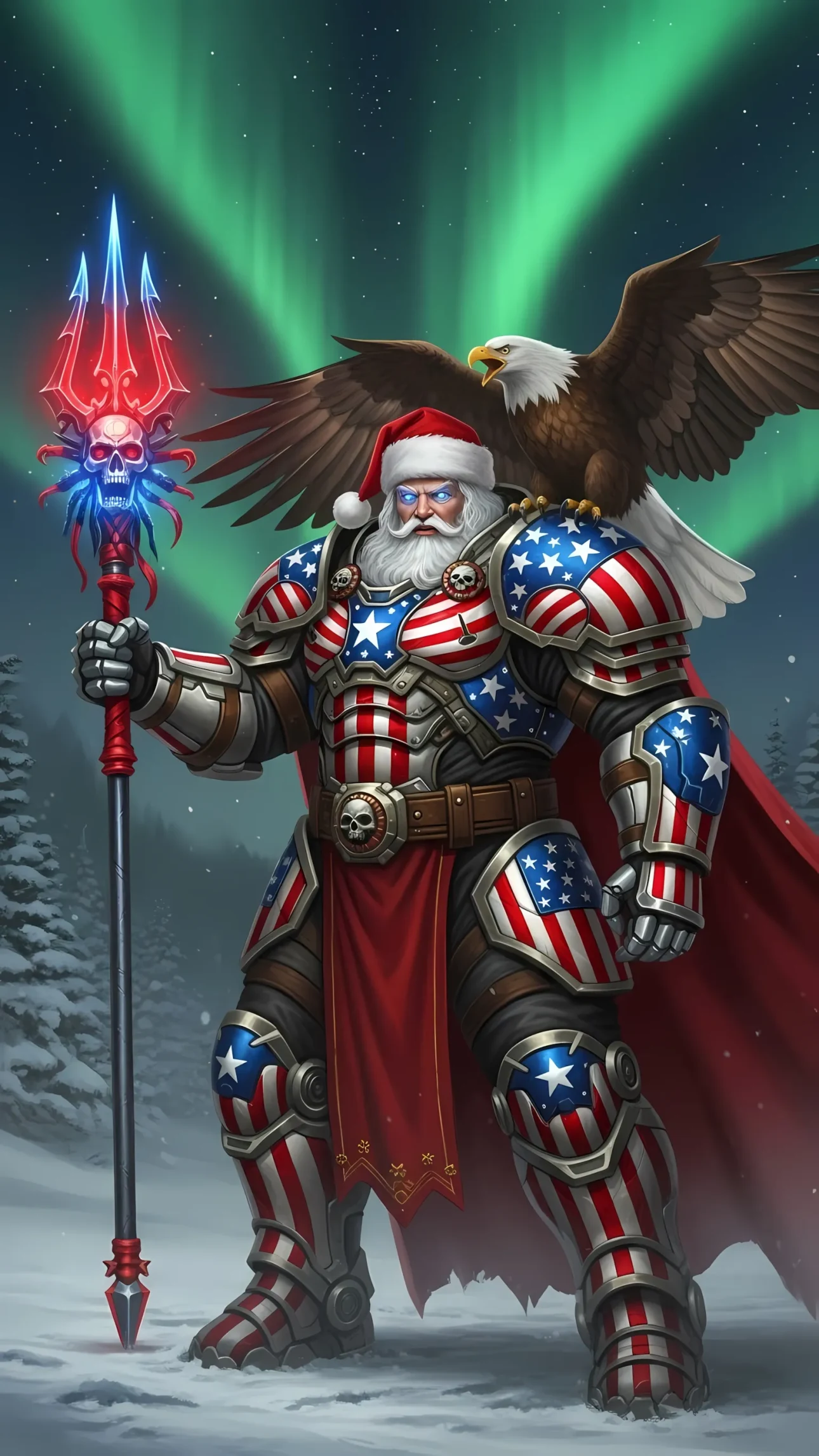 Elevate your creative projects with this unique Santa Knight illustration, featuring patriotic armor and a bald eagle. Ideal for fantasy game designs and high-impact visuals.