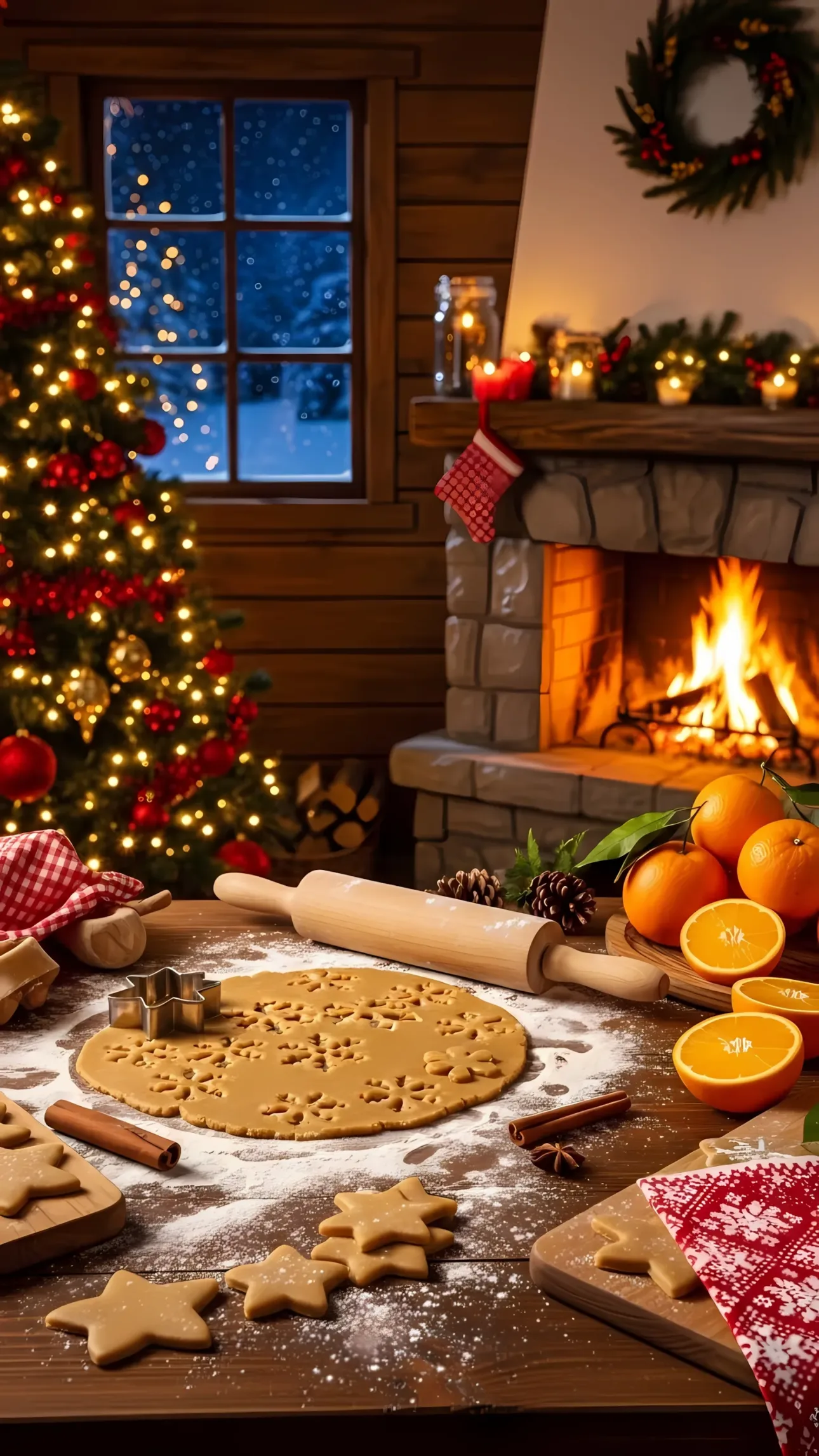 Create inviting holiday scenes with this warm Christmas baking image featuring festive cookies and a cozy fireplace. Ideal for seasonal content branding.