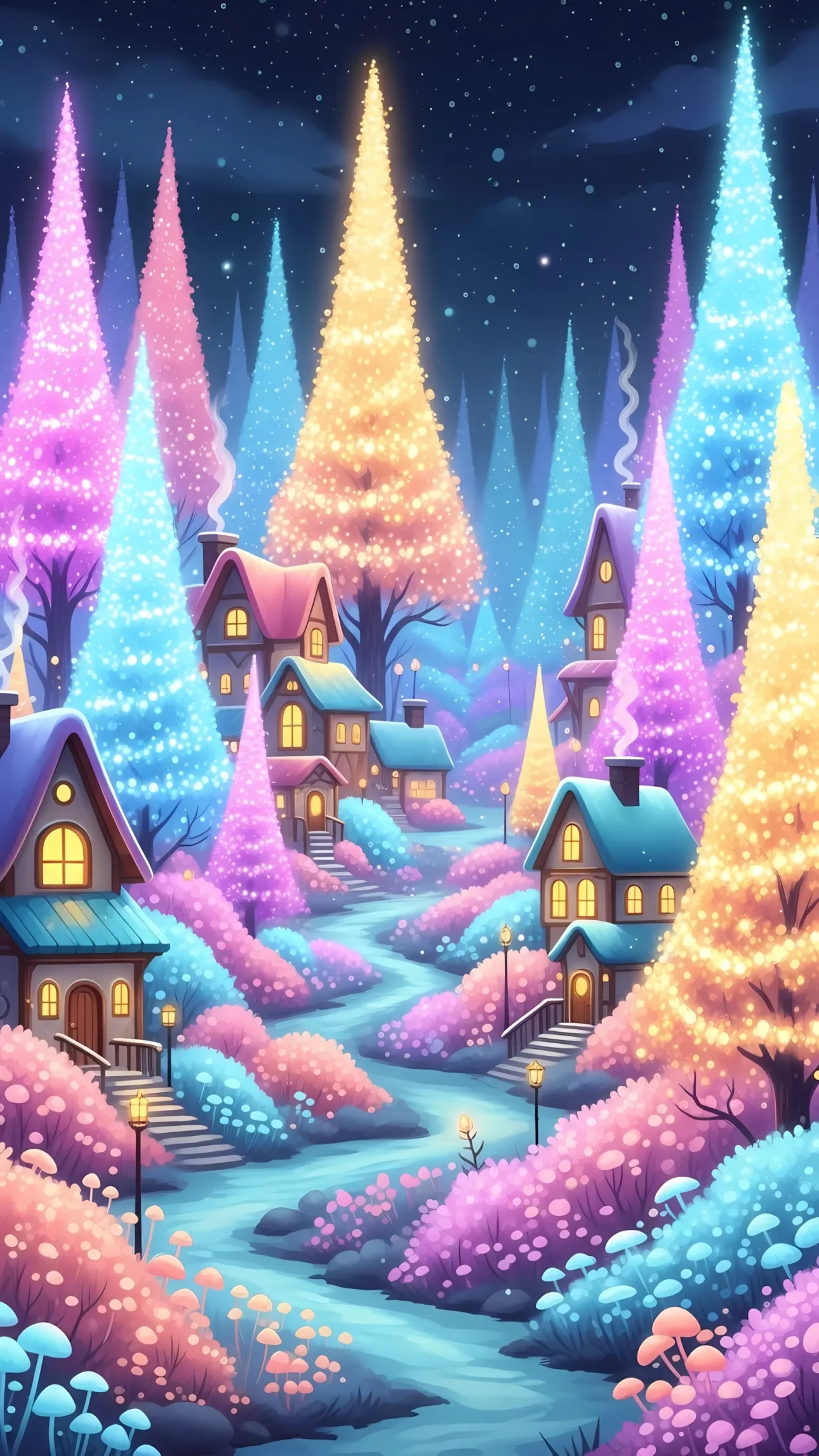 Discover a charming village illustration featuring glowing trees and pastel hues. Enhance your designs with this premium digital graphic, perfect for holiday promotions.