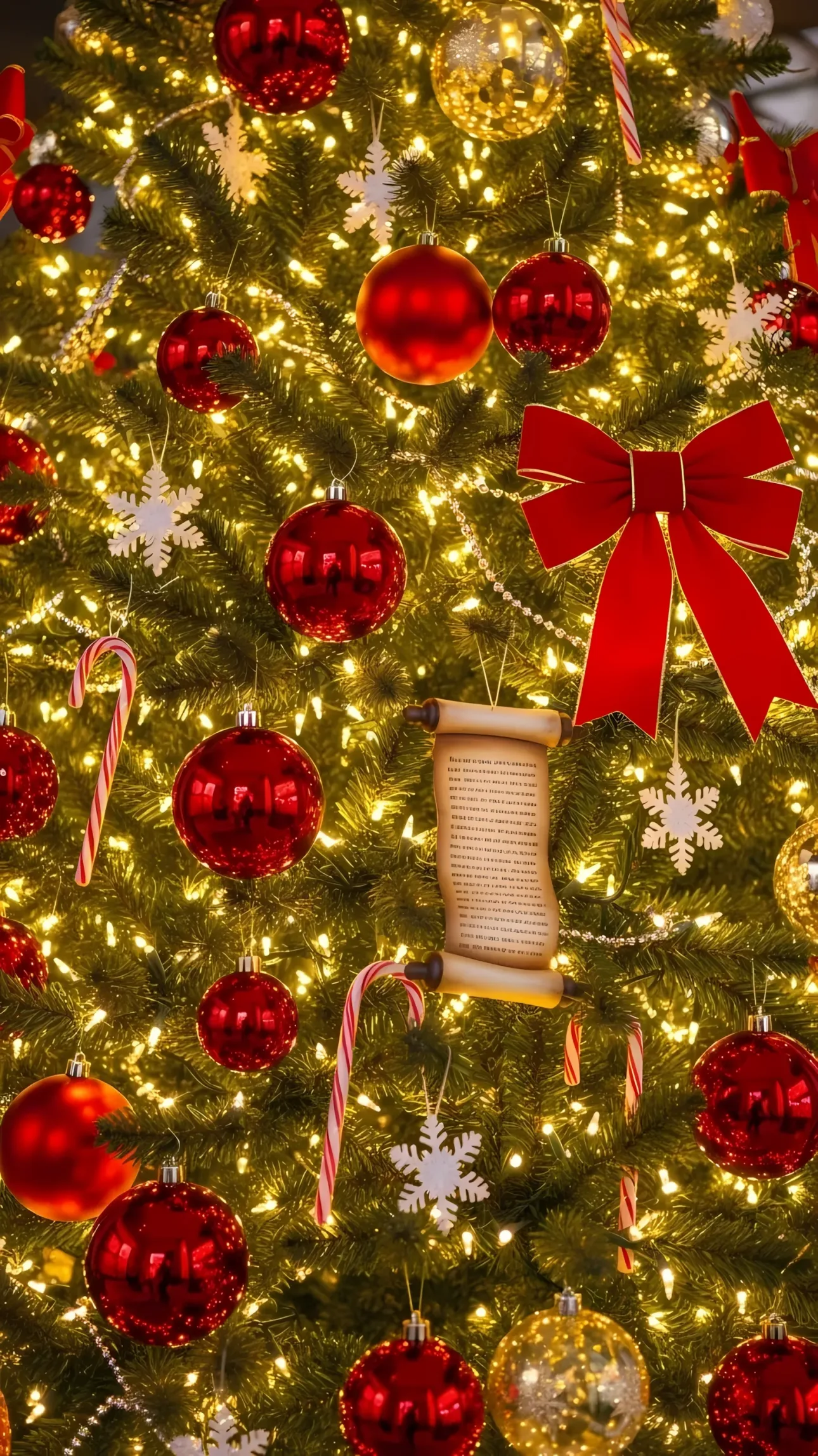 Elevate your holiday designs with this Christmas tree image featuring shiny red ornaments, candy canes, and warm lights, perfect for festive campaigns.