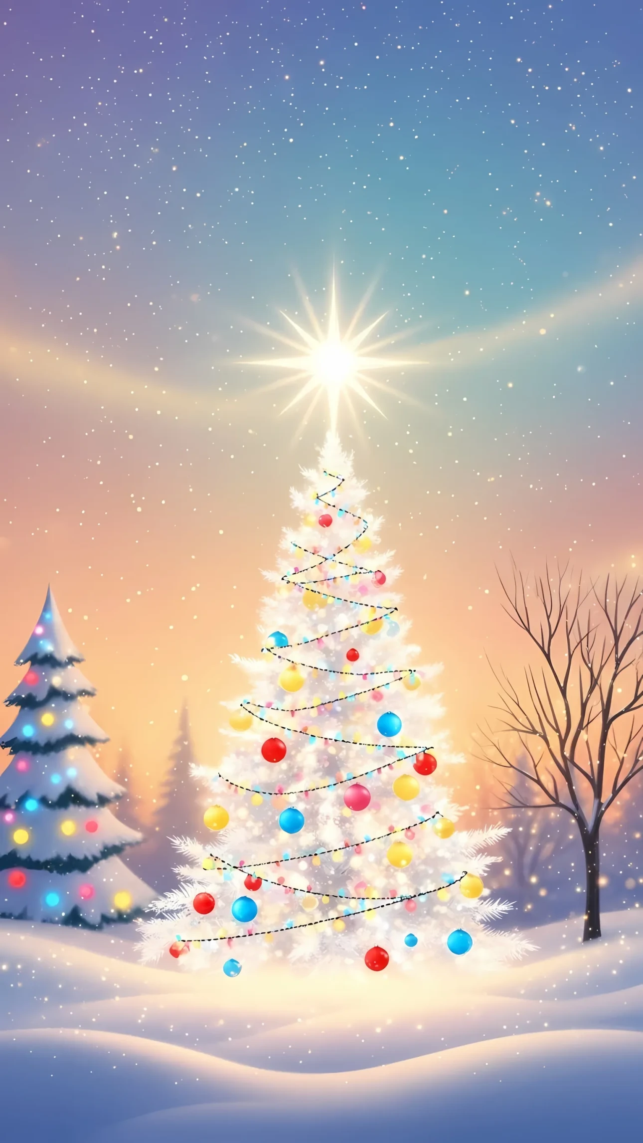 Enhance your holiday designs with this winter scene featuring a decorated Christmas tree, perfect for seasonal promotions and joyful digital art.
