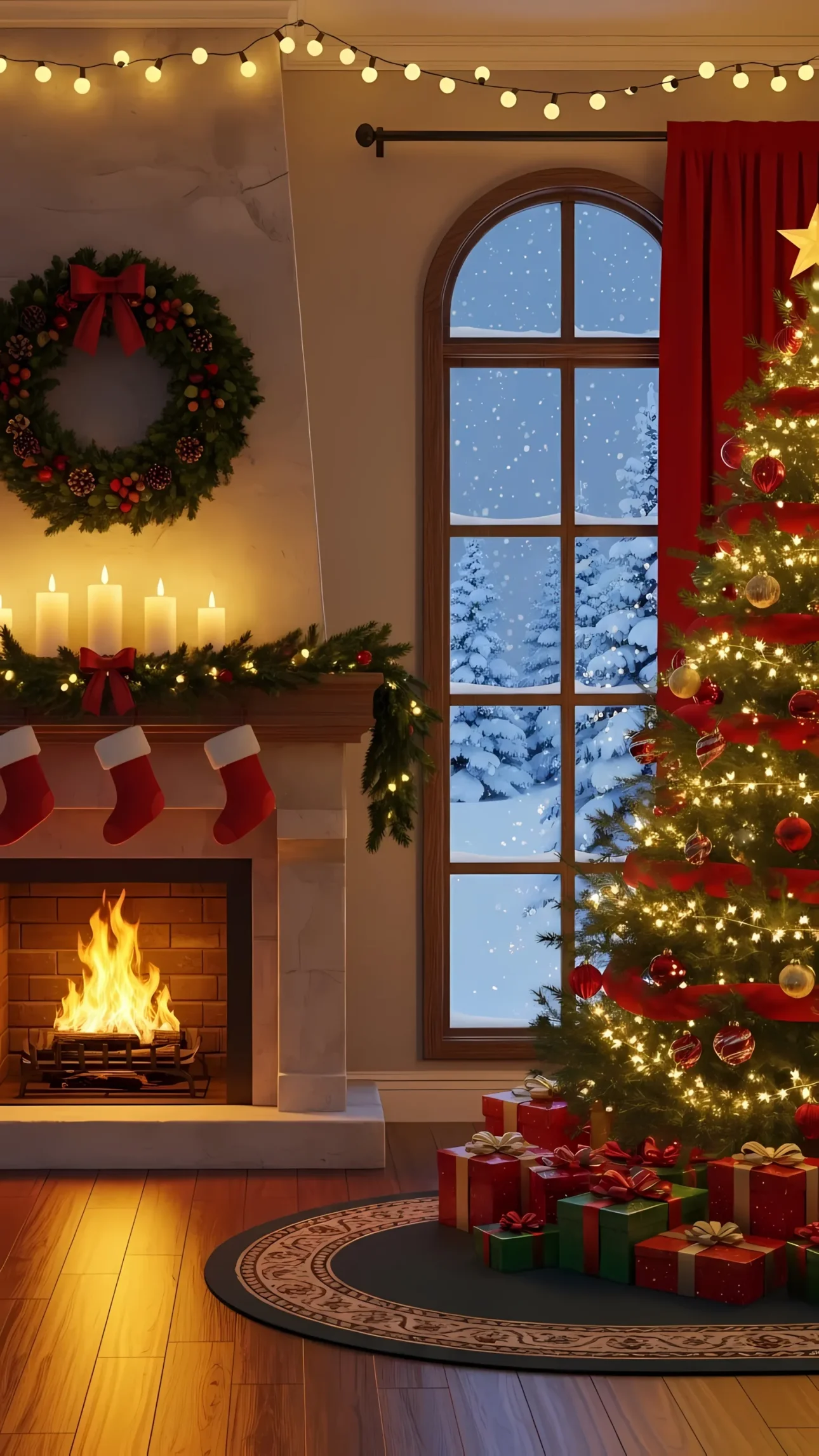 Enhance your projects with this charming Christmas scene featuring a warm fireplace and beautifully adorned tree. Perfect for holiday-themed designs and marketing materials.