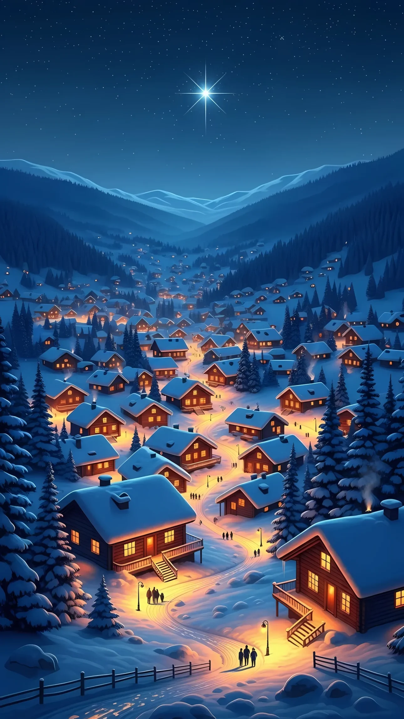 Enhance your winter designs with this charming illustration of a snowy village. Perfect for holiday cards, seasonal promotions, and creating a warm, inviting atmosphere.