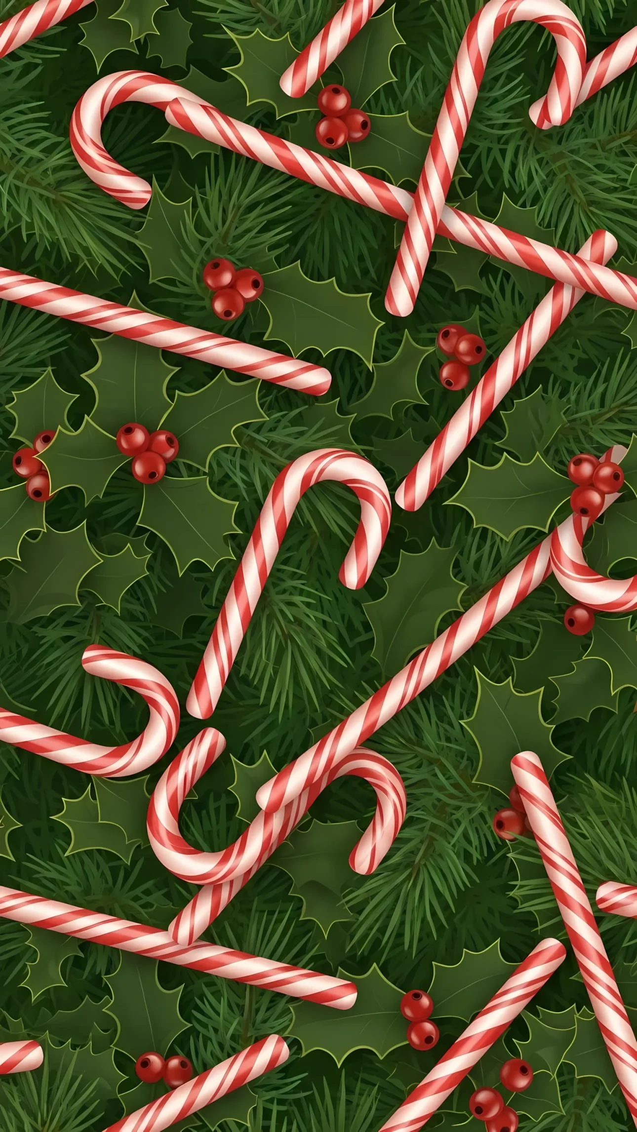 Elevate your holiday designs with this vibrant illustration of candy canes, holly, and pine. Perfect for seasonal cards or festive marketing, ready for commercial use.