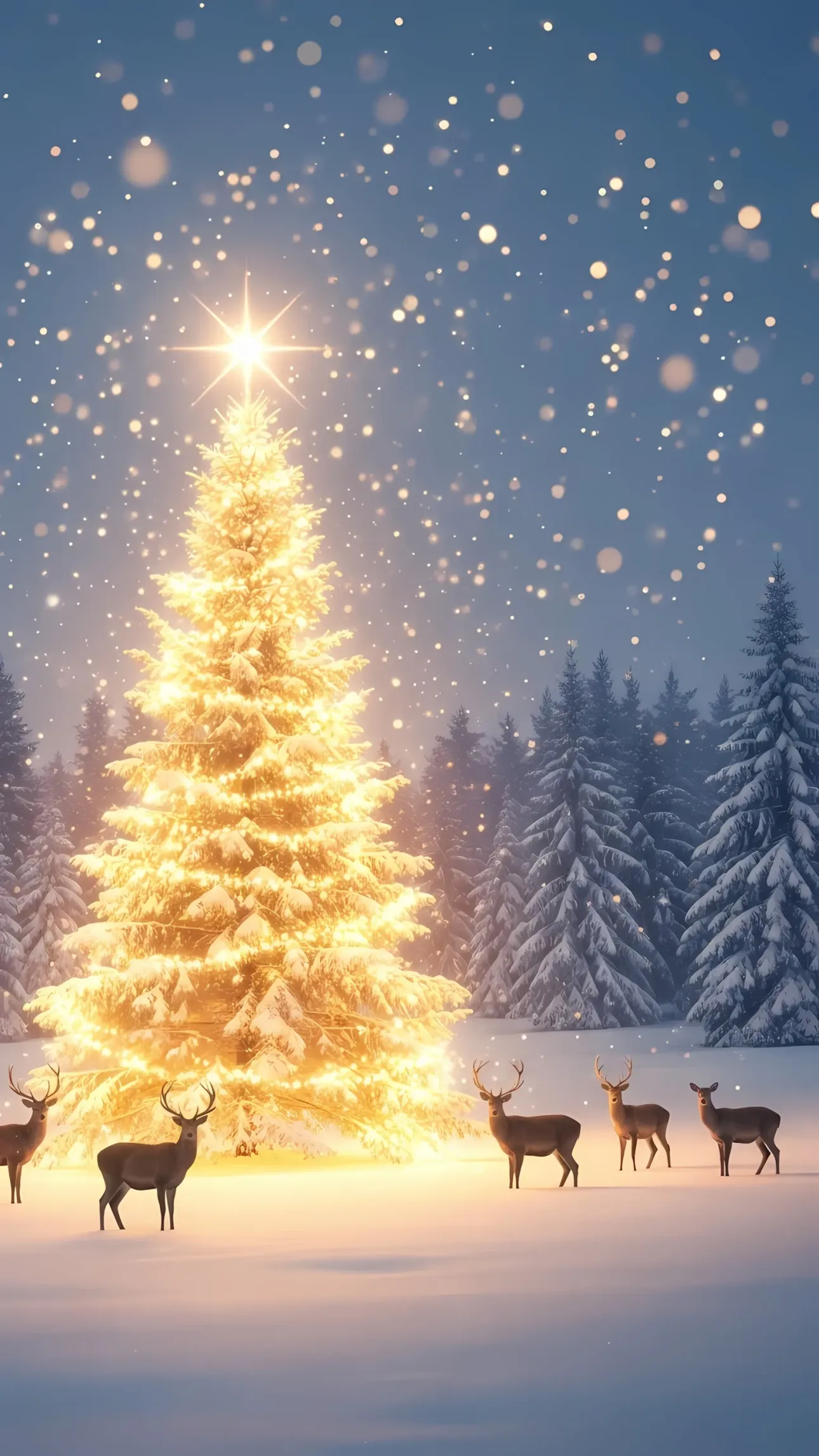 Elevate your holiday designs with this Christmas scene featuring a sparkling tree and majestic deer. Premium design asset, perfect for seasonal campaigns.