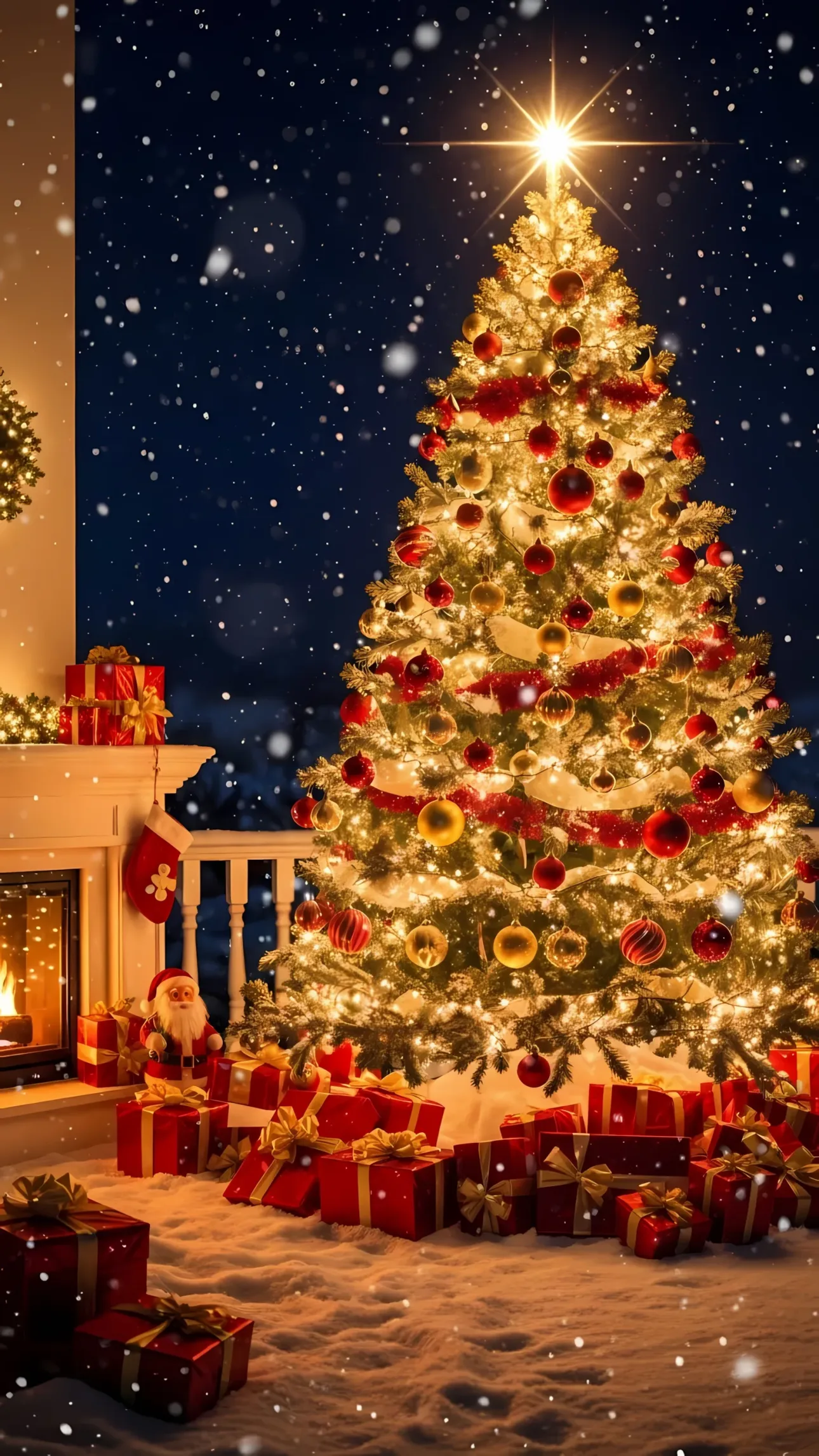 Elevate your holiday designs with this cozy Christmas scene featuring a decorated tree and presents. Perfect for creating a warm, festive atmosphere this season.