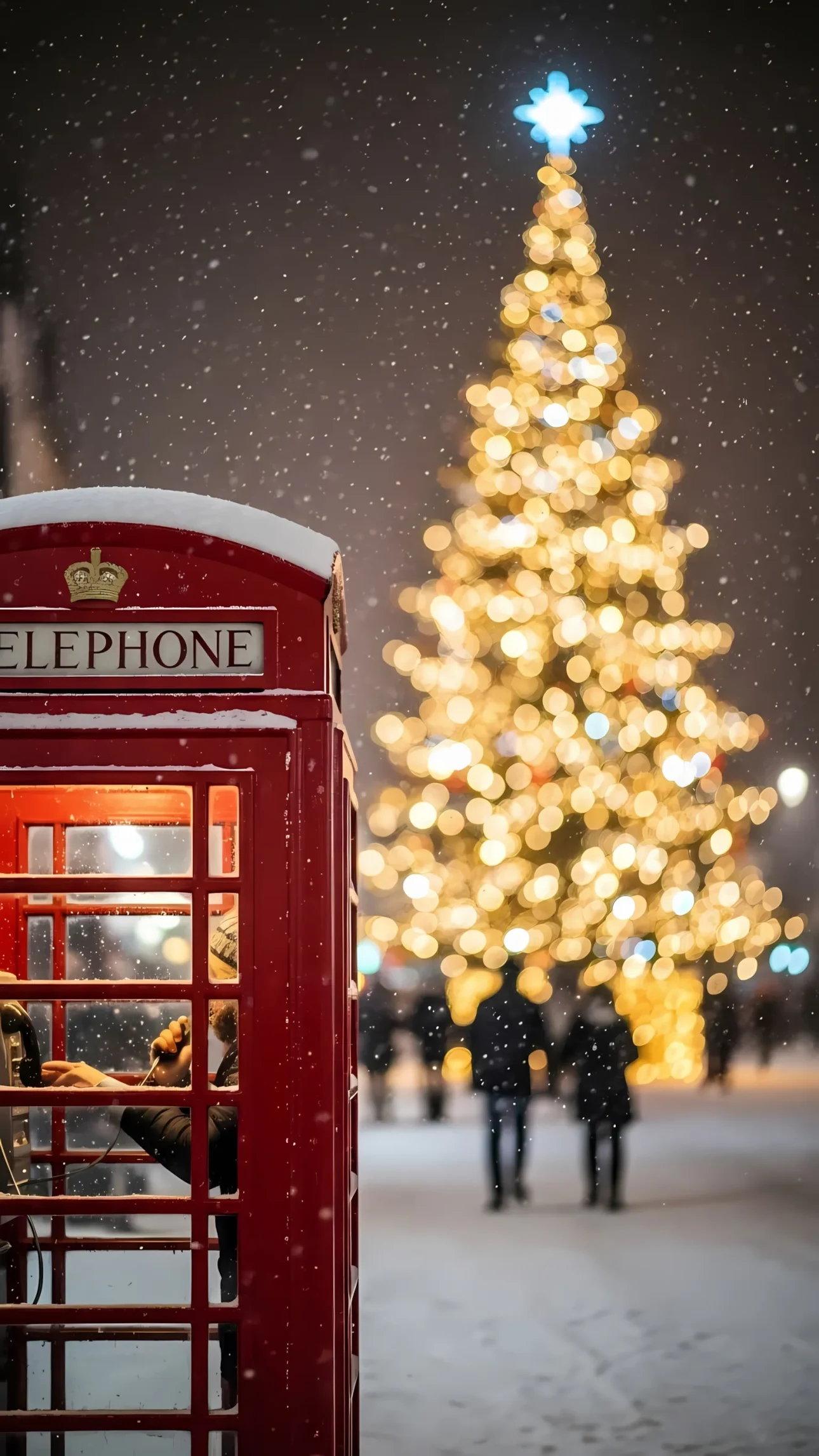 Enhance your creative projects with this London telephone box illustration, styled with a festive Christmas tree. Perfect for holiday-themed designs and seasonal greetings.