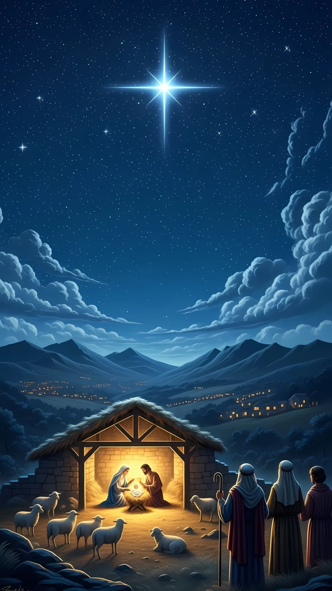 Experience the serene Nativity scene depicting the birth of Jesus under a vibrant, starry sky. A premium design asset perfect for religious or seasonal projects.